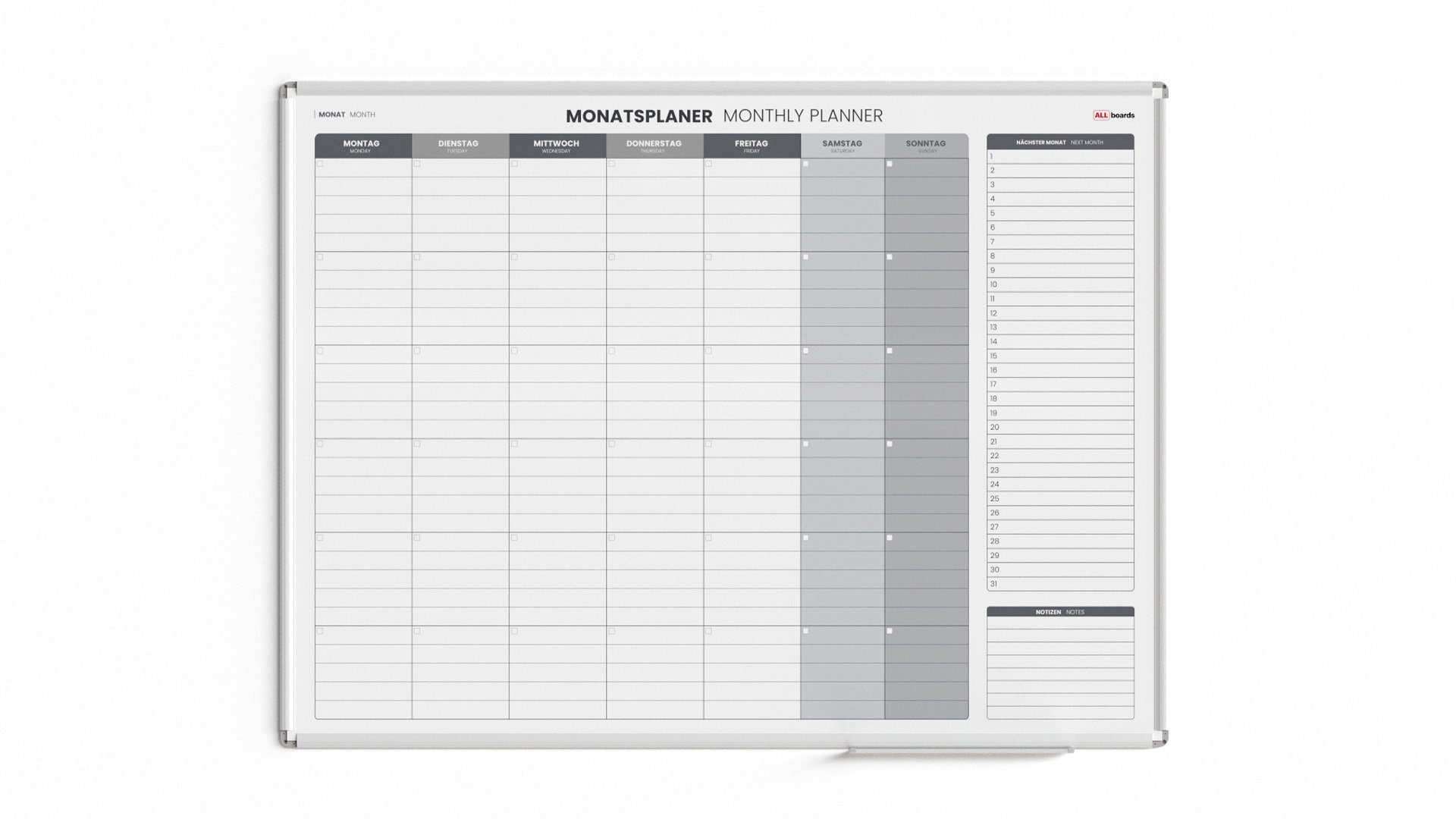 ALLboards Tafel Magnetischer Monatsplaner 120x90cm für Monatsplanungen