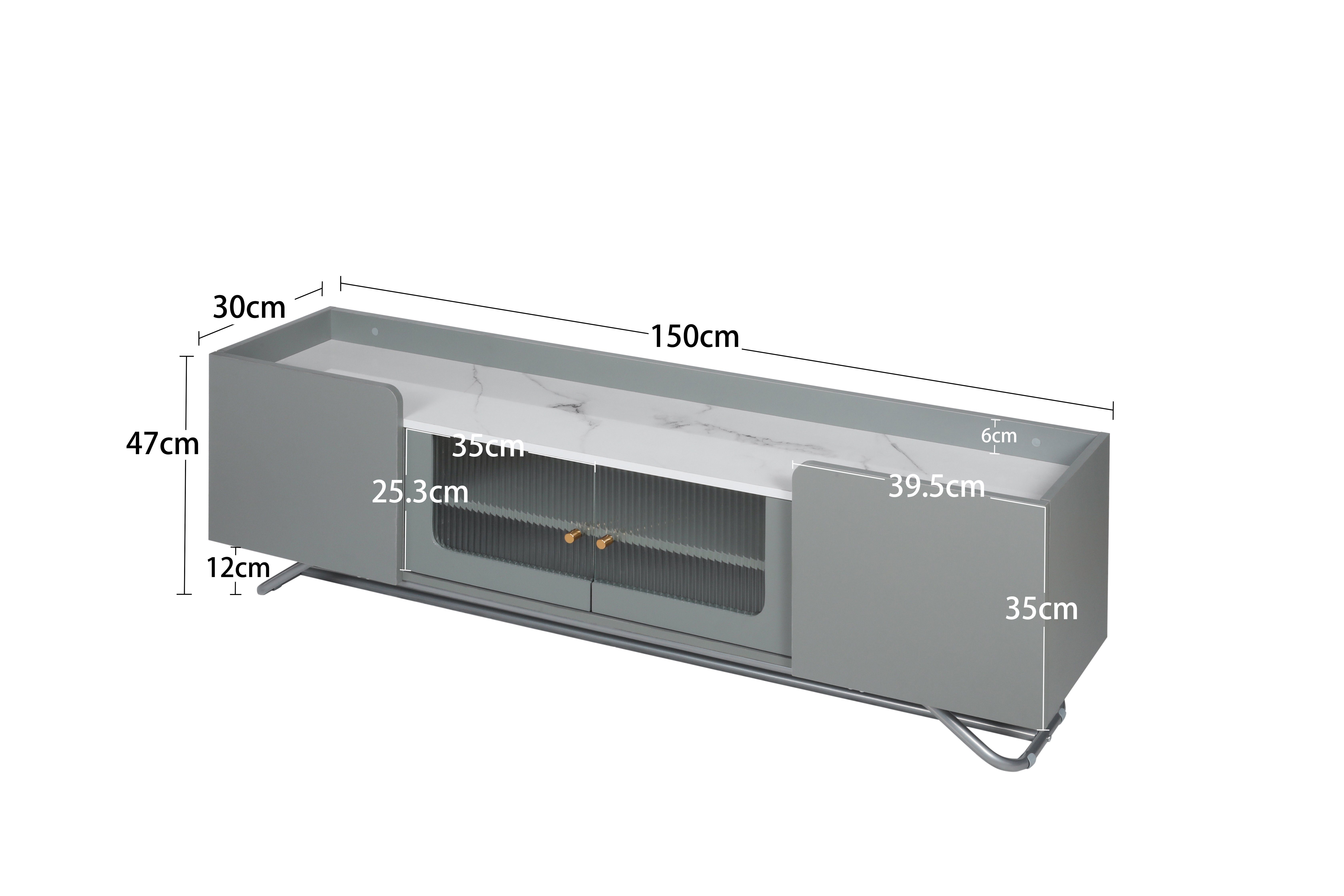 Lowboard (TV Schrank mit 4 Türen und 2 Regal), Hochglanz Tischplatte in Marmoroptik und schöne Glastür, Breite 150 cm
