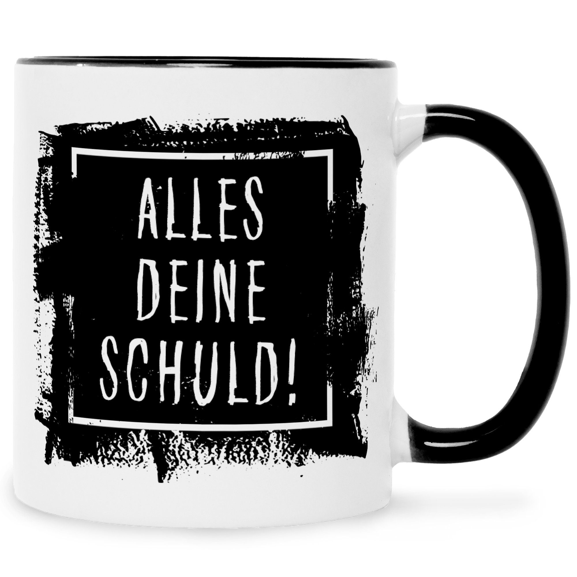 GRAVURZEILE Tasse Bedruckte Tasse mit Spruch - Alles Deine Schuld!, Keramik, Freche Spruchtasse für Freunde & Kollegen Schwarz Weiß | Teetassen