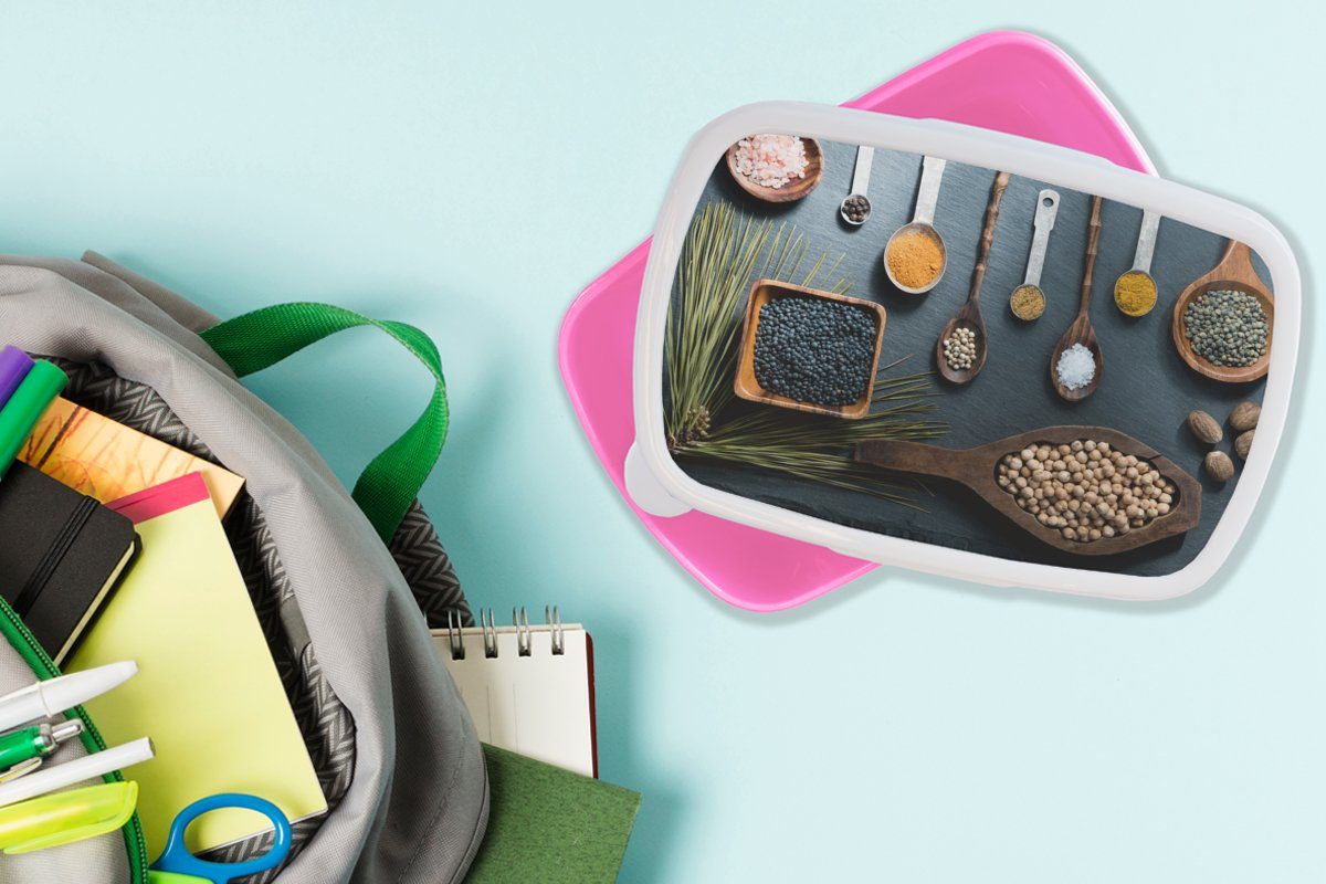 rosa Snackbox, Gewürze Brotbox Kunststoff Lunchbox Mädchen, - Kräuter Kinder, - - Löffel MuchoWow (2-tlg), Kunststoff, für Erwachsene, Küche, Brotdose