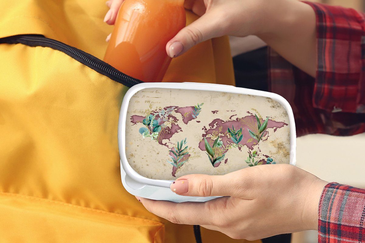 MuchoWow Lunchbox Weltkarte (2-tlg), Erwachsene, weiß Kinder Brotdose, für Jungs Retro, und - und Mädchen Papyrus Kunststoff, Brotbox für 