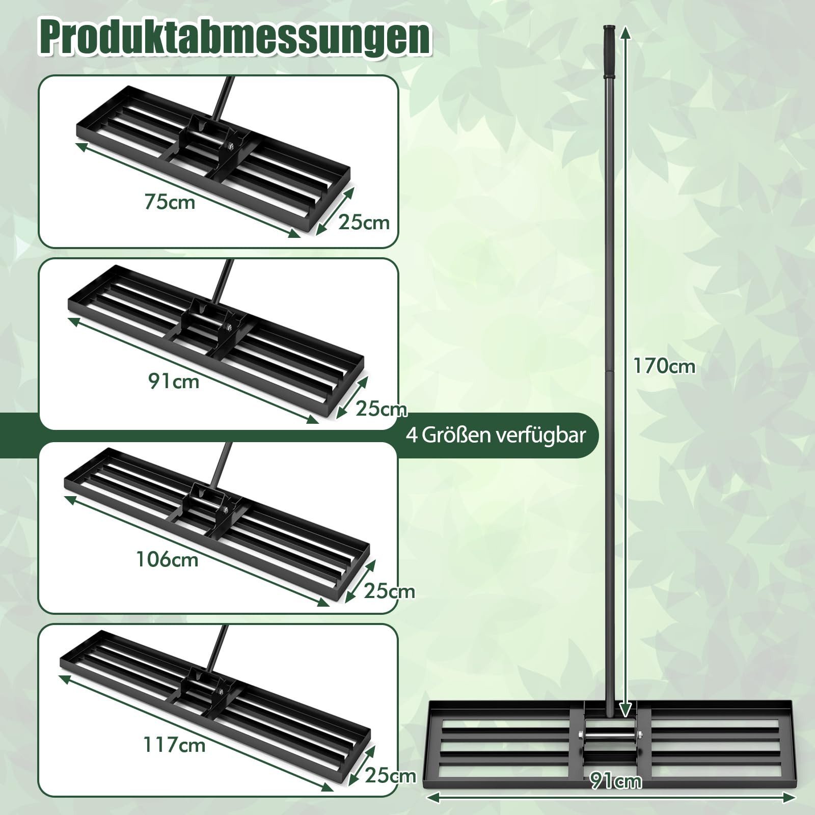 COSTWAY Rasenrechen, mit 170,00 cm langem Stiel, 91 x 25cm, Rasenwerkzeug mit Griff, Metall, Schwarz