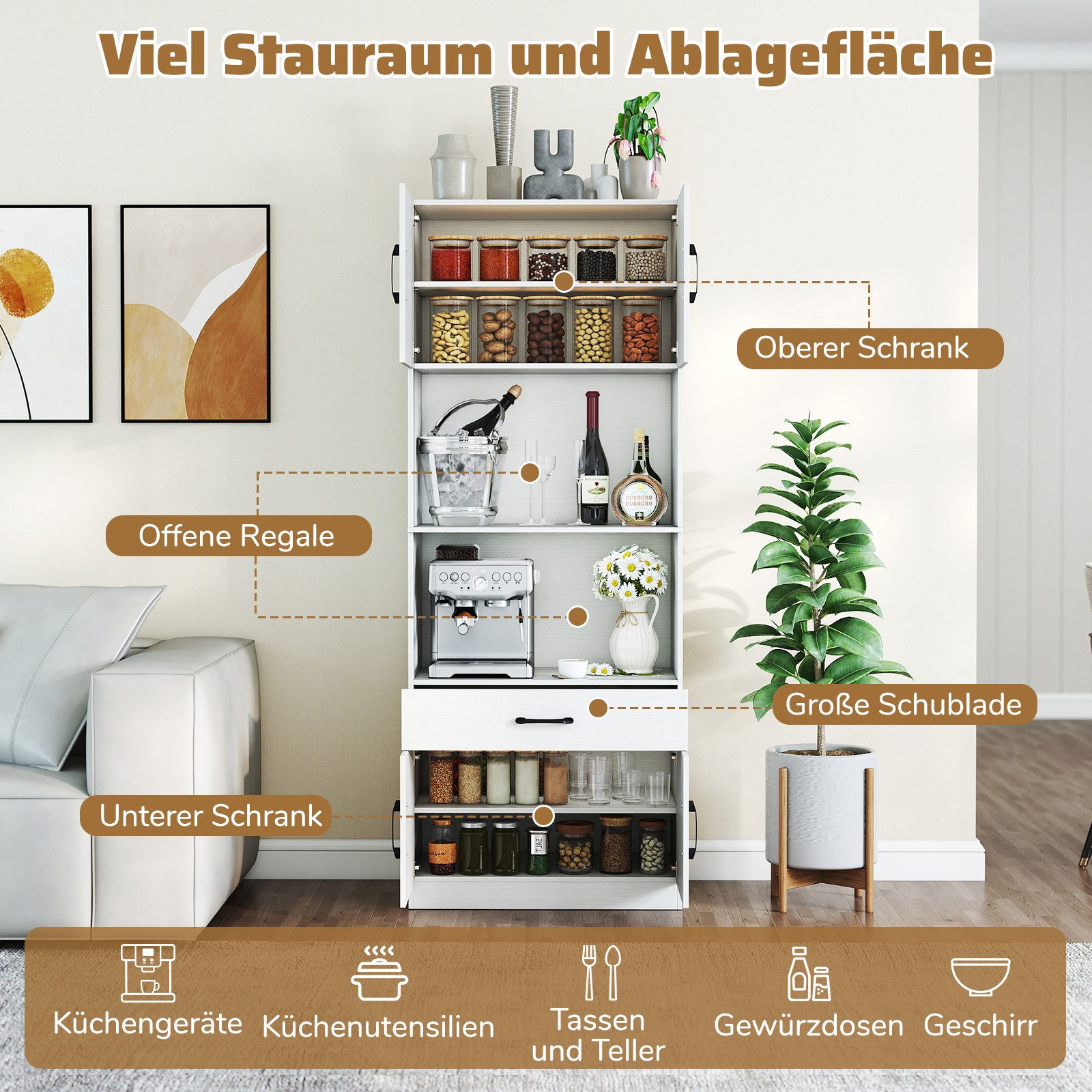 COSTWAY Küchenbuffet mit Ladestation Vorratsschrank hoch mit verstellbarem Regal – Bild 3 von 5