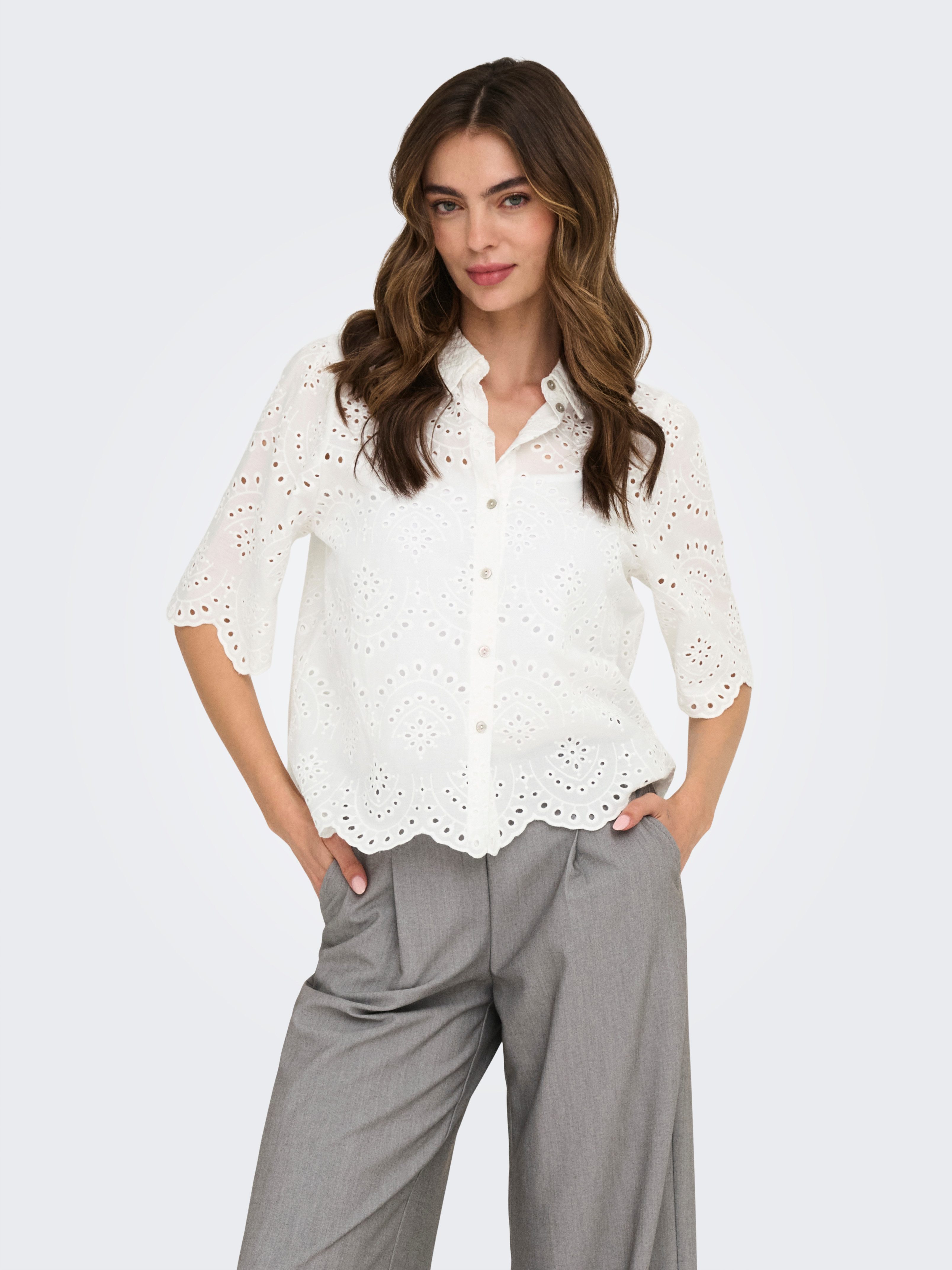 ONLY Spitzenbluse ONLVALAIS S/S SHIRT WVN NOOS Baumwolle, loose fit