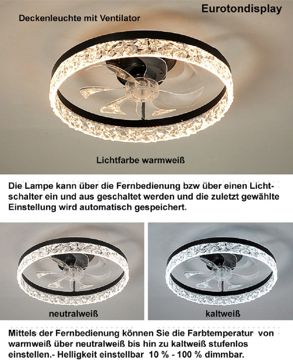 Euroton Deckenventilator Deckenventilator LED Beleuchtung Deckenlampe Fernbedienung, 20 cm Durchmesser, Nicht zutreffend
