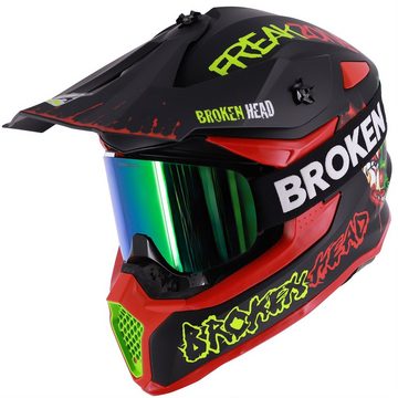 Broken Head Motocrosshelm Freakzone Schwarz-Rot-Grün (Mit MX-Struggler Grün), Mit verrücktem Design!
