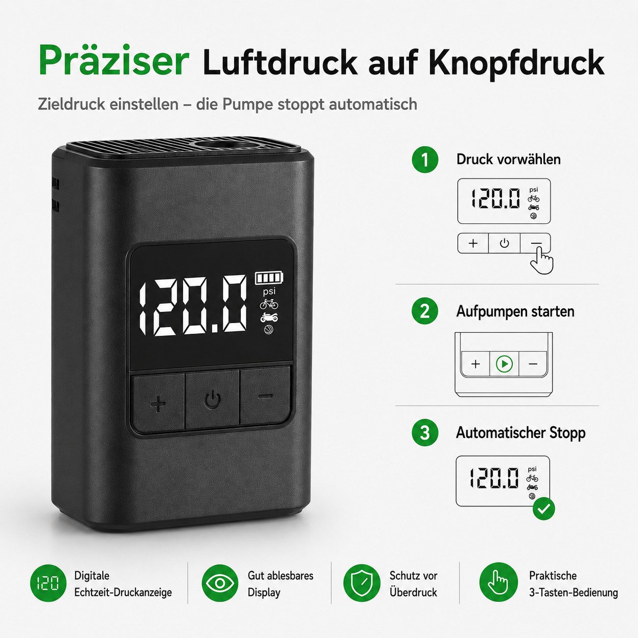 Tekoo Akku-Luftpumpe Elektrische Fahrradpumpe 120 PSI, Akku Mini Kompressor USB-C (Set, Mit Zubehör), Ultra-kompakt (160g), bürstenloser Motor, digitaler Reifendruckprüfer