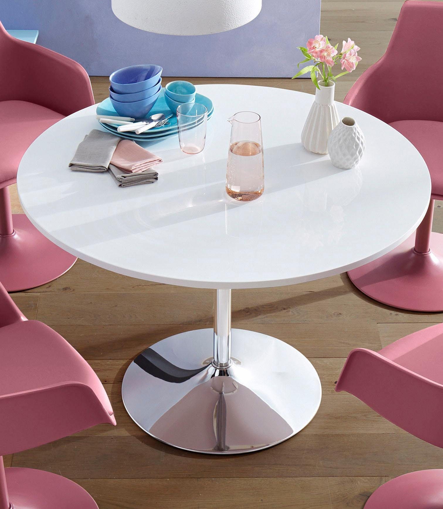 OTTO home Esstisch Trompet, rund, Ø110 cm, Tischplatte weiß Hochglanz, Trompetenfuß, Tulpentisch