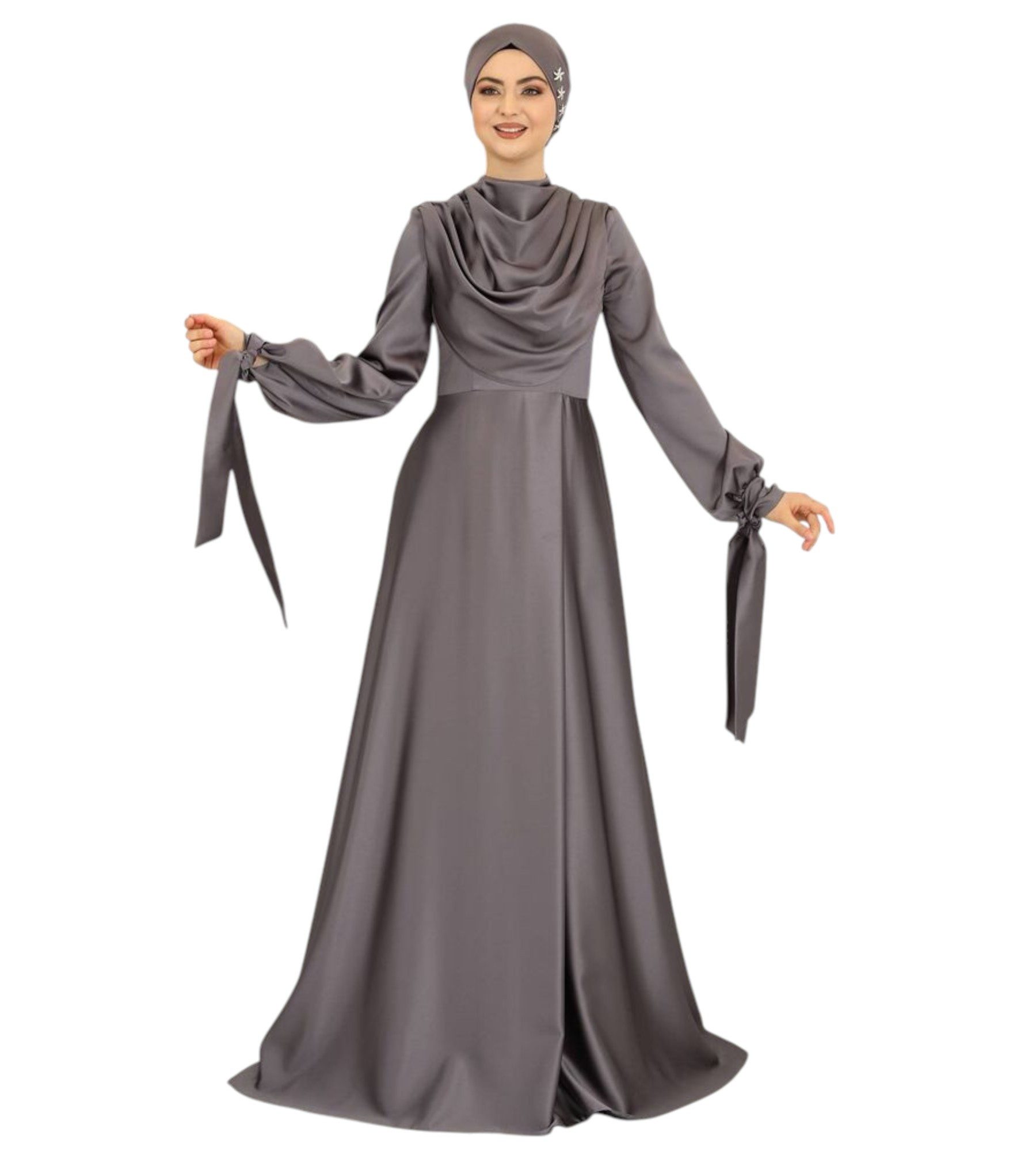 fashionshowcase Abendkleid Damen Maxikleid Satinkleid langarm Modest Fashion