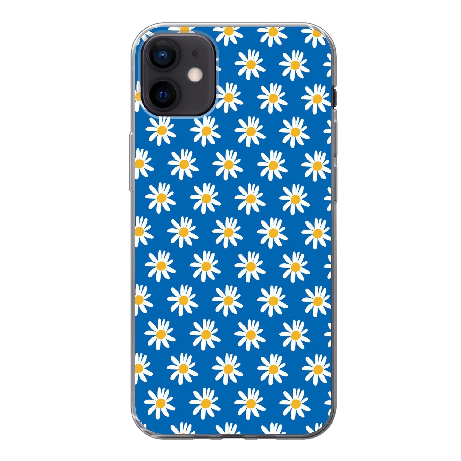 MuchoWow Handyhülle für Apple iPhone 12 mini Gänseblümchen - Muster - Blau - Blumen, Smartphone-Bumper, Print, Handy Schutzhülle Dünn