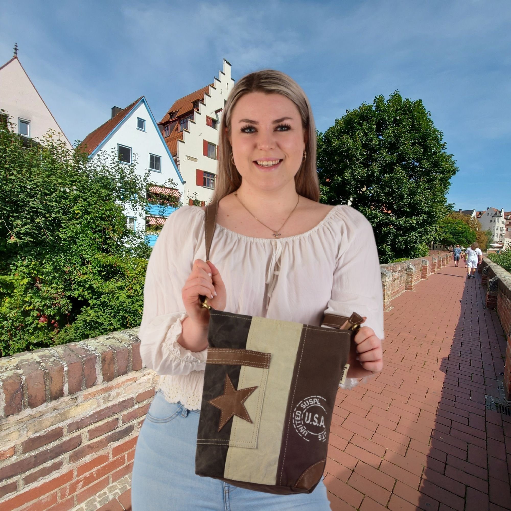 Umhängetasche grau/beige/braun Leder. Front Tasche Damen Umhängetasche. recyceltes & Vintage Nachhaltige Canvas Material, Stern Crossbody aus Schultertasche Sunsa enthält Geschenkideen, Bag, Leder Produkte, Sunsa am