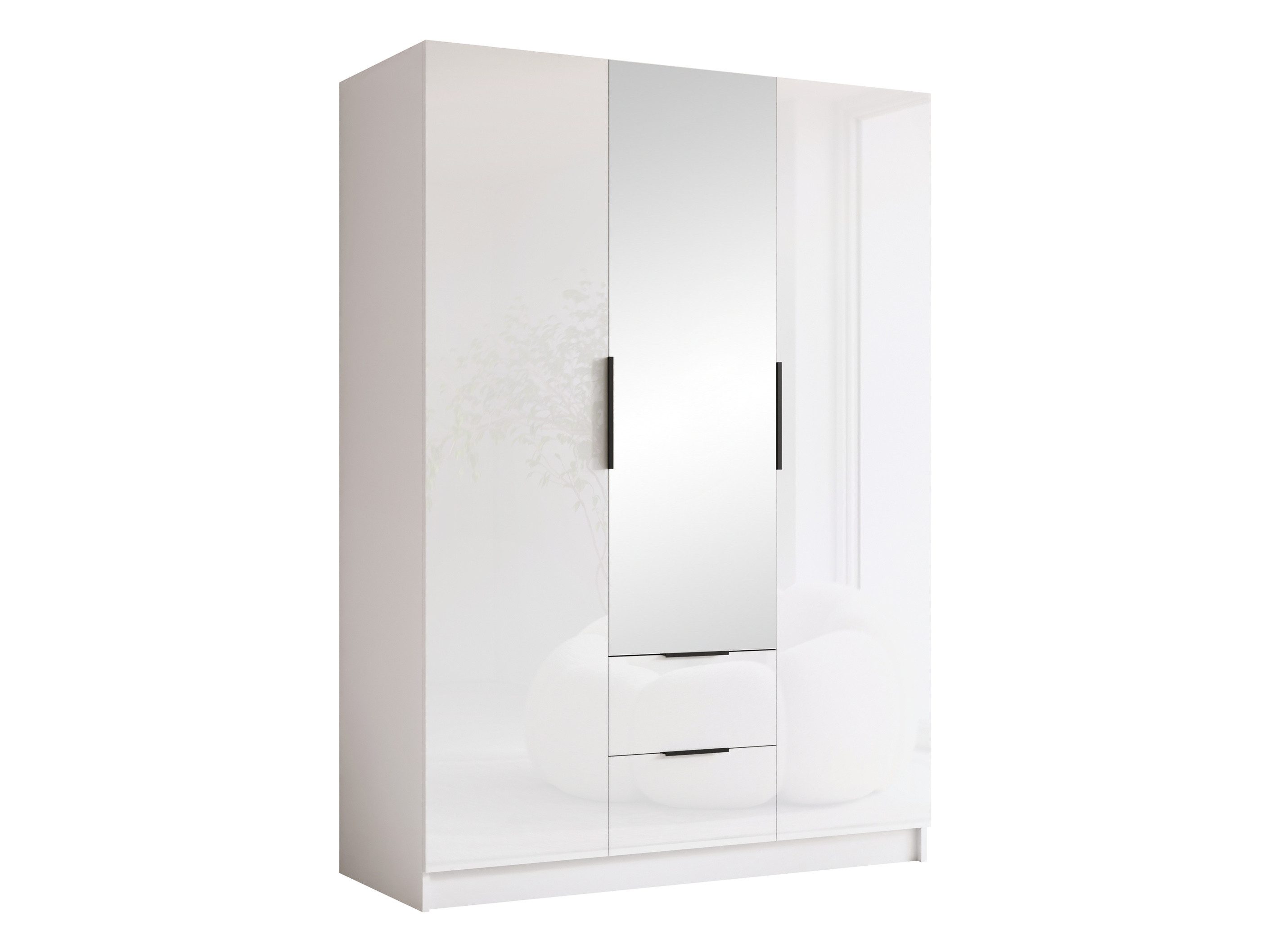 MIRJAN24 Kleiderschrank Calwi II Gloss (mit drei Drehtüren und zwei Schubladen) Kleiderstange, Frontspiegel, Fronten in Hochglanz