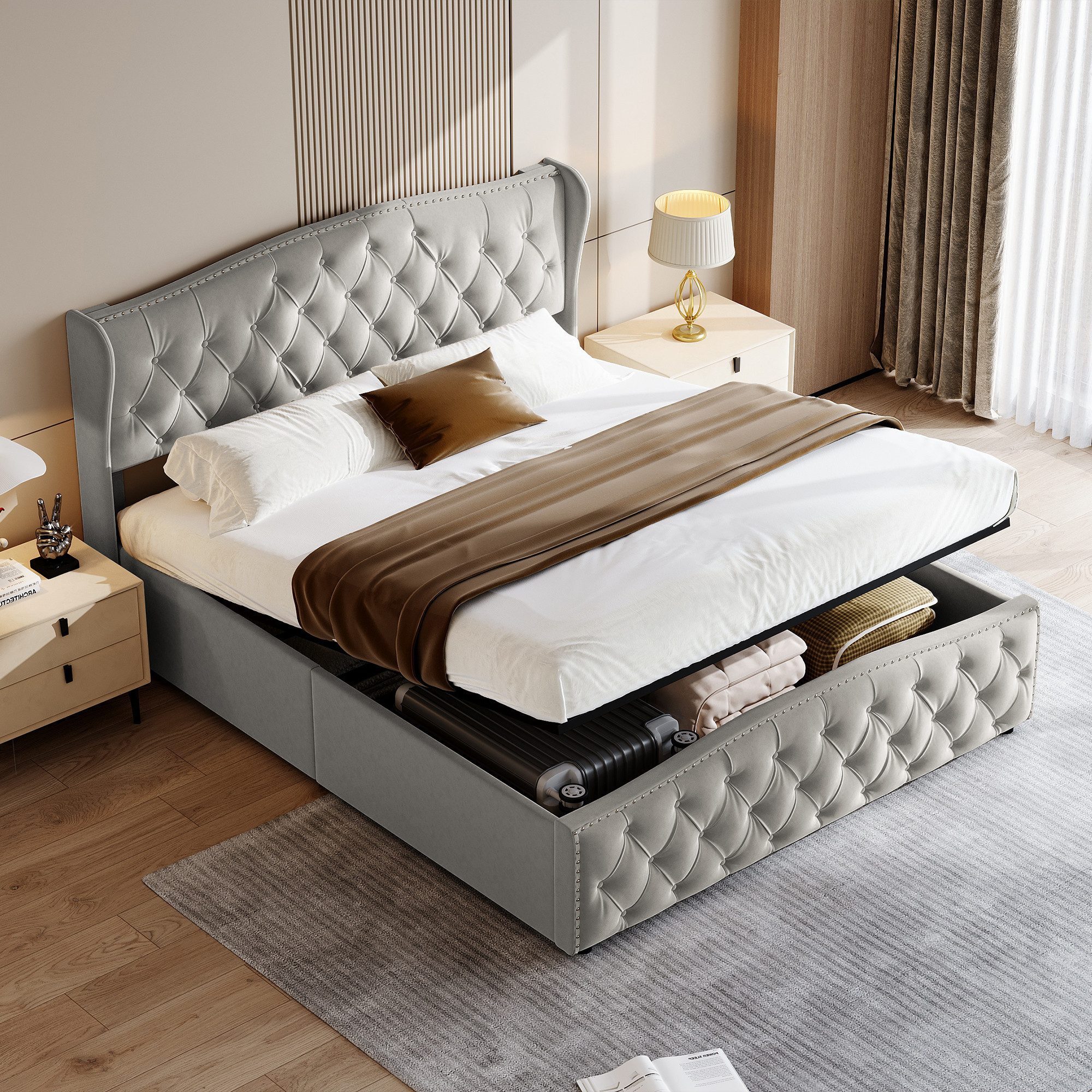 FUROKOY Stauraumbett hydraulischem Polsterbett mit Lattenrost, Doppelbett 140x200cm,mit gepolstertem Kopfteil,Grau,Samt