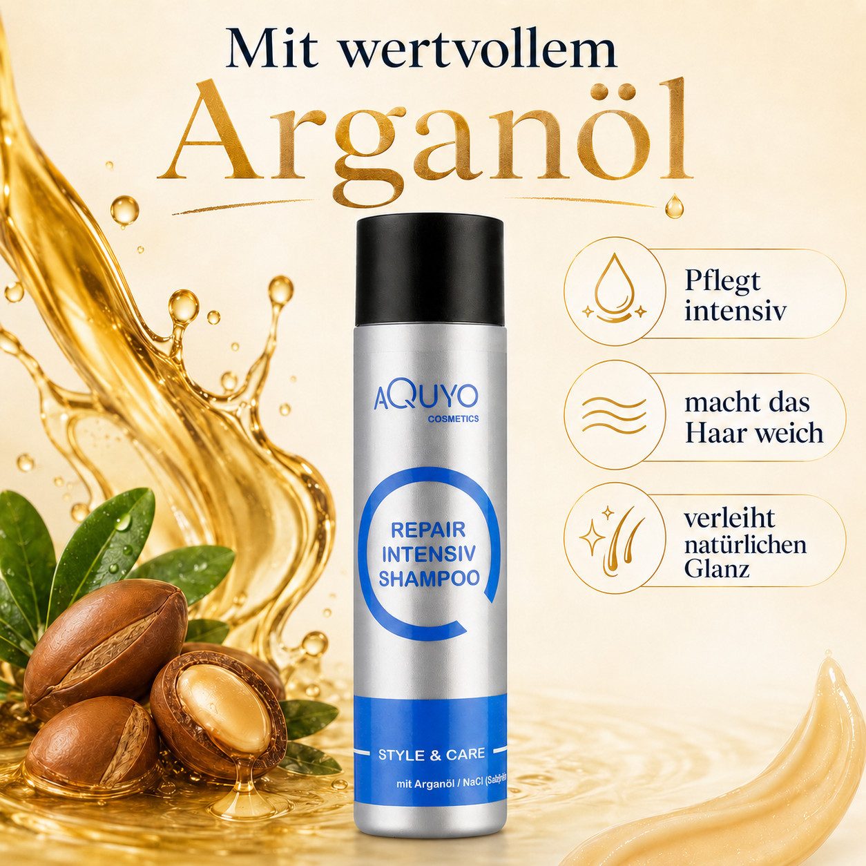 AQUYO Cosmetics Kopfhaut-Pflegeshampoo Arganöl Shampoo für geschädigtes, poröses oder strapaziertes Haar