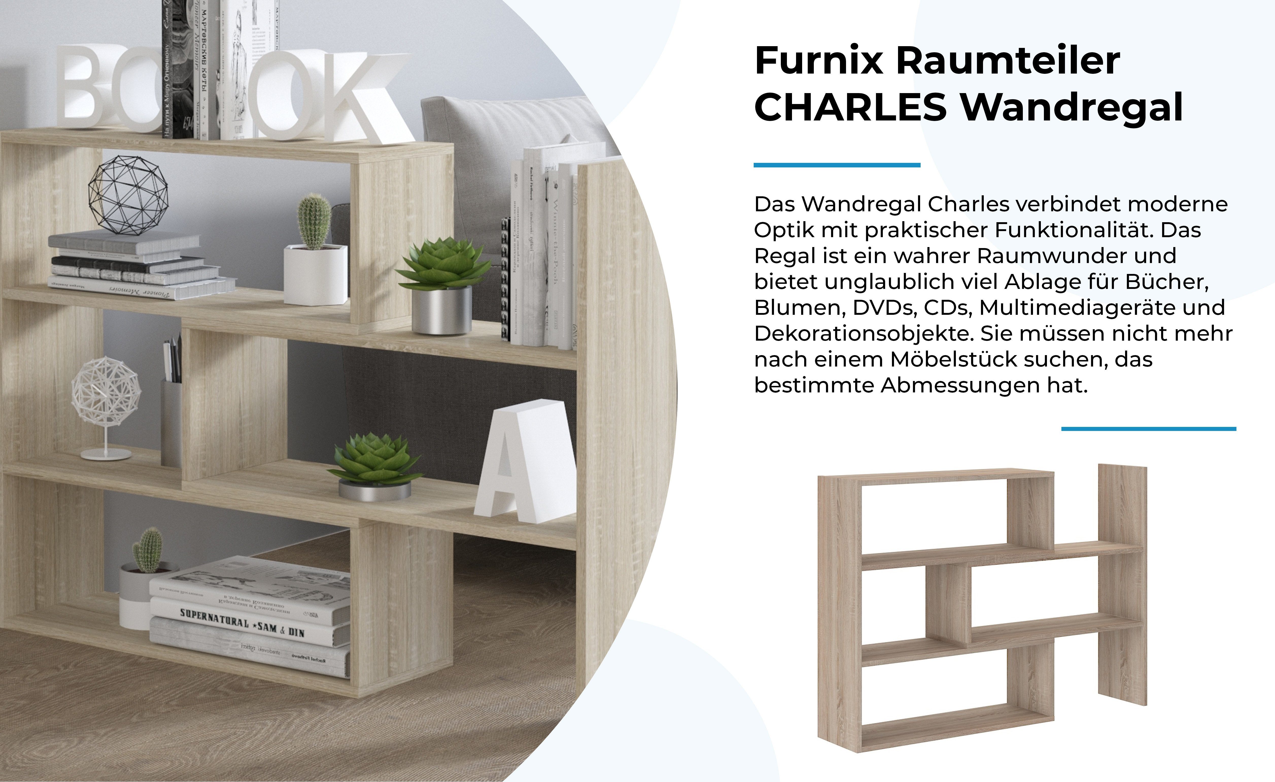 Furnix Raumteiler CHARLES Auswahl, je 3 ausziehbar Farben 3 Varianten Bücherregal in Wandregal Eiche Sonoma