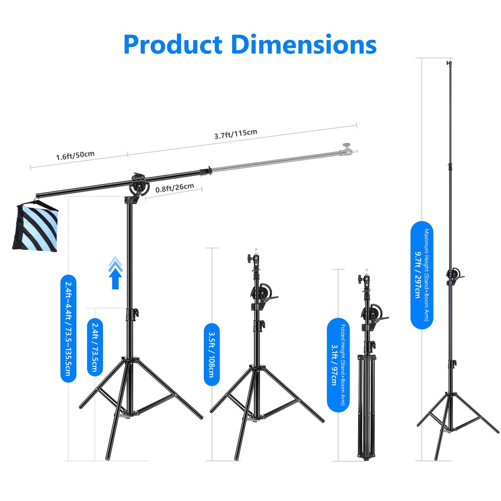 Neewer ST-CB Foto-Lichtstativ, 297 cm Schwerlast Stativ, Aluminiumlegierung Lampenstativ (mit 115 cm Auslegeram und leerem Sandsack, für Videolicht Softbox)