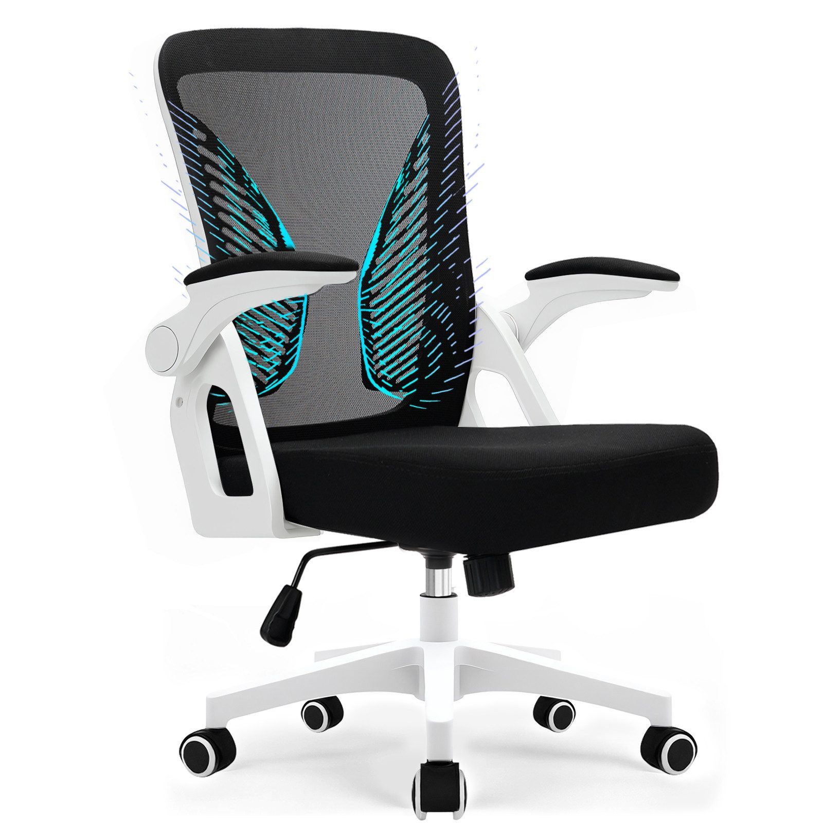 Milacyee Bürostuhl Ergonomischer Bürostuhl mit 90° klappbaren, gepolsterten Armlehnen (Höhenverstellbarer Atmungsaktiv Chefsessel mit geräuscharmen Rollen,Drehstuhl mit dynamische Rückenstütze), Platzsparend, Atmungsaktives Mesh, 150 kg Belastbarkeit
