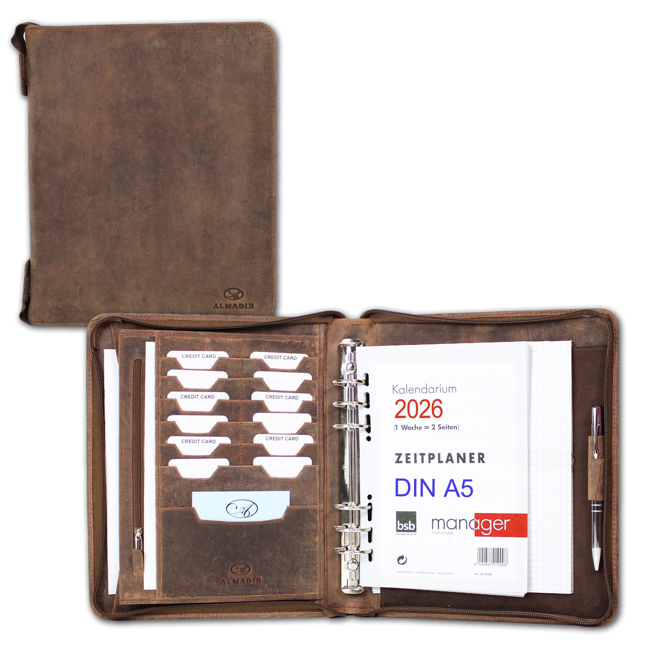 ALMADIH Konferenzmappe 2026 Ledermappe Organizer A5 Leder Terminplaner braun, schwarz