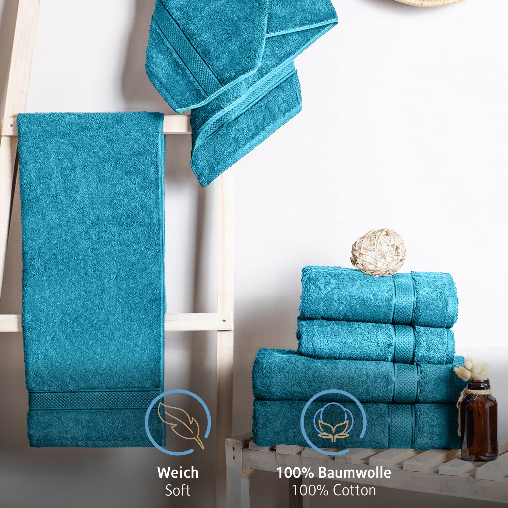 Komfortec Handtücher 100% Baumwolle, Weich Badetücher Blau Set, (2-St), Frottee 50x100 cm g/m², 470 Türkis