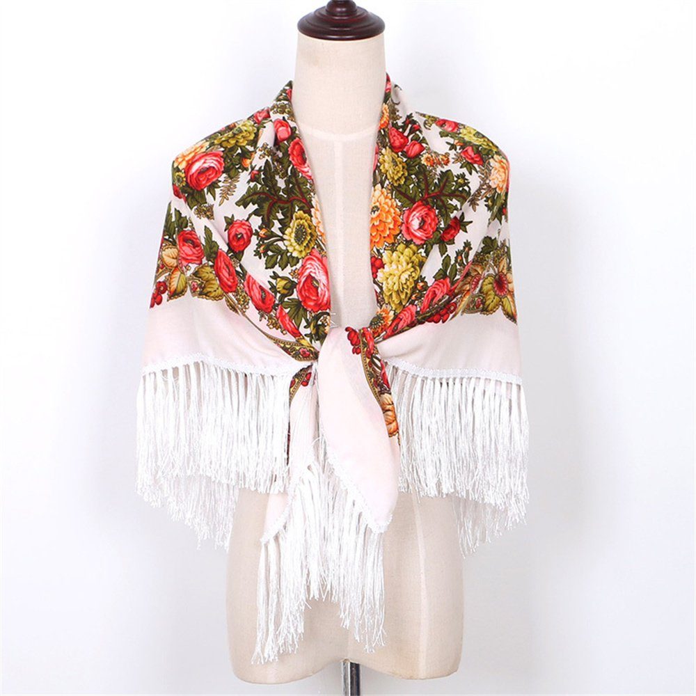 BEüACC Damenschal,Ethnischer Weiß Stil quadratischer Baumwolle Modeschal Fransen Schal Twill
