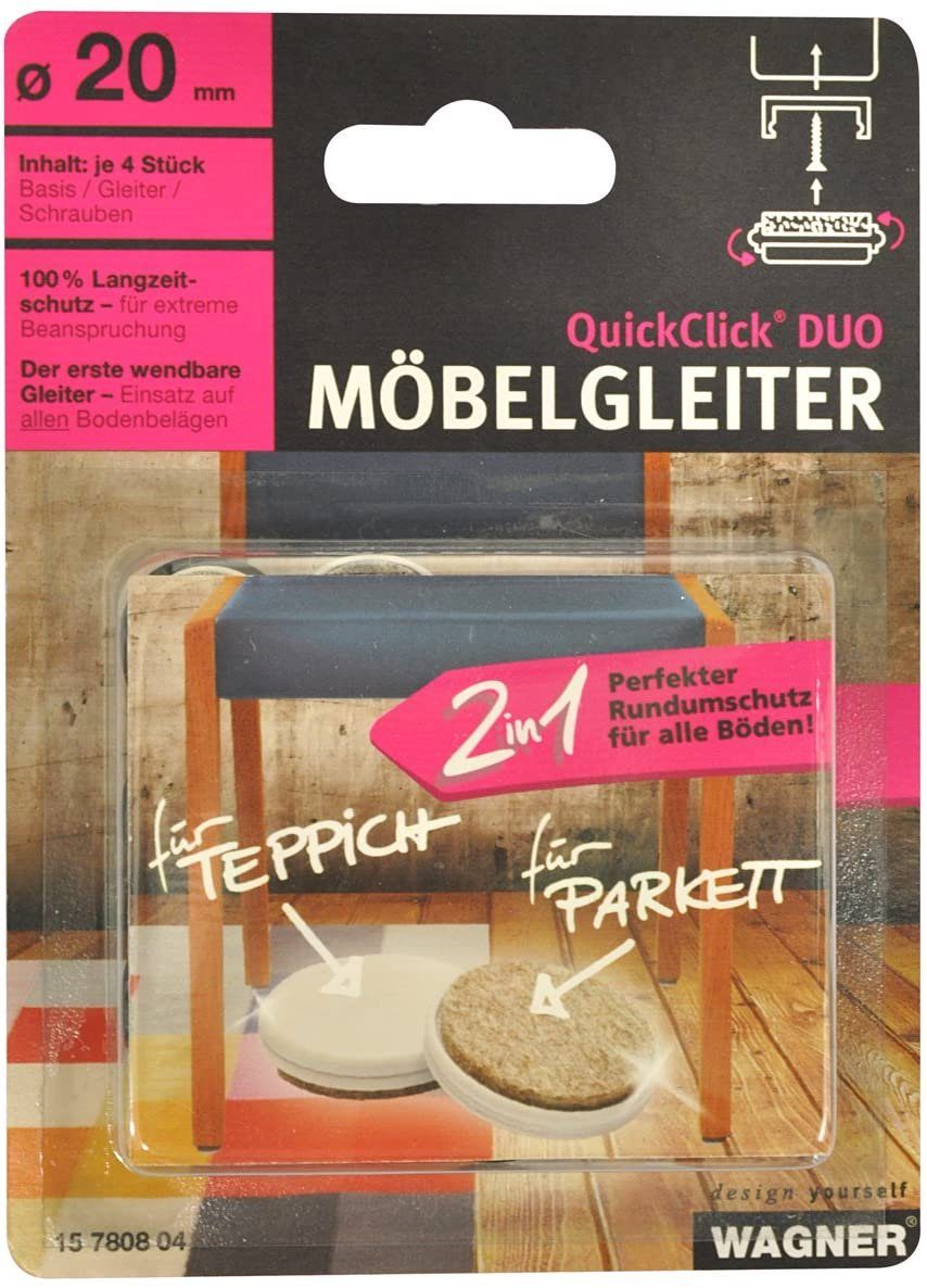 WAGNER design yourself Нажмите планер QuickClick® Möbelgleiter Set - DUO - wendbar Wollfilz + Kunststoff I 4x Basis + 4x wendbarer und austauschbarer Einsatz - ULTRASOFT + HYPER - Durchmesser Ø 20, 25, 30 mm - Made in DE