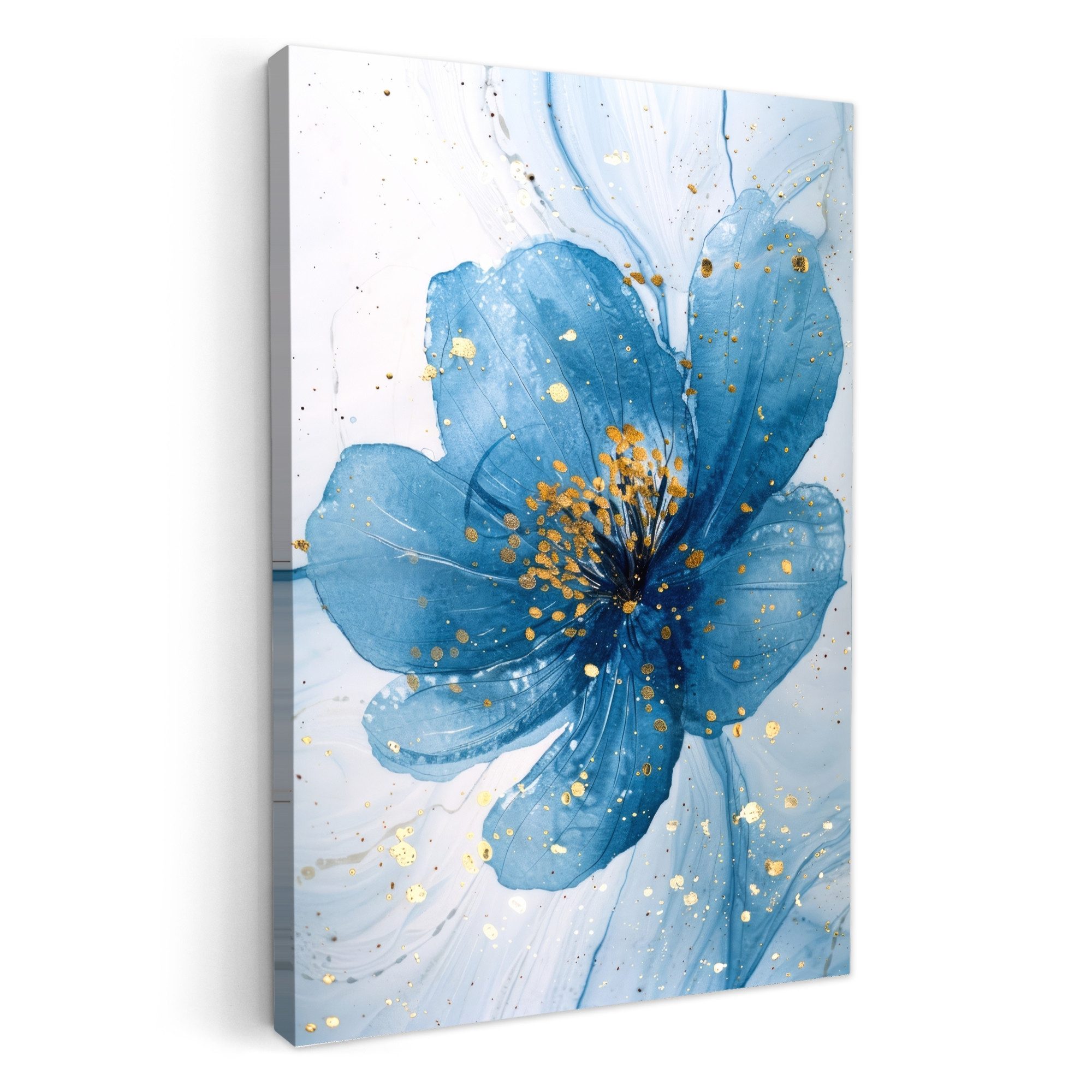OneMillionCanvasses® Leinwandbild Blumen - Blau - Gold - Aquarell - Modern, Fotodruck (1 St), Badezimmer Deko, Bilder WC, Toilette Wanddeko 20x30 cm
