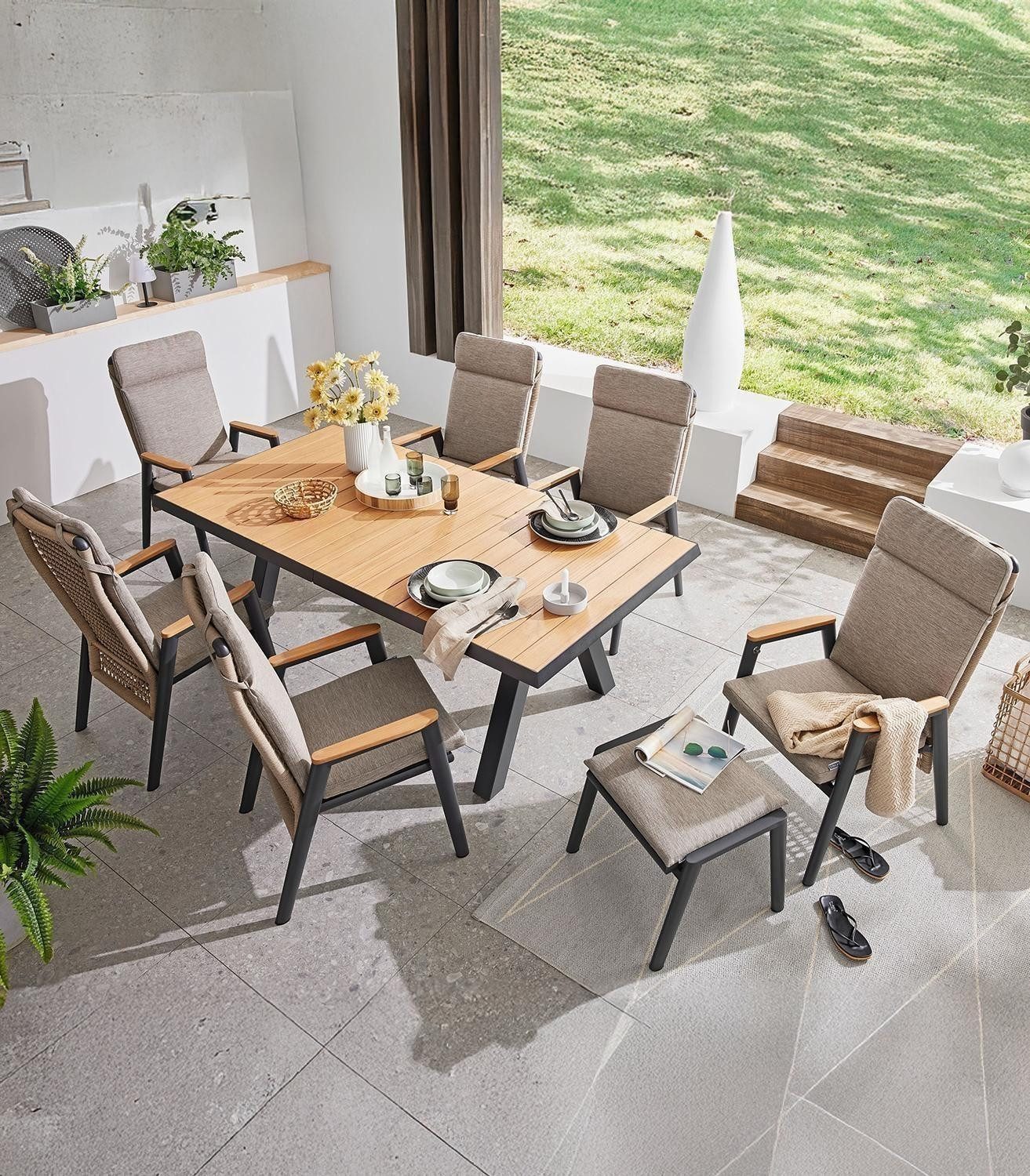 MONDO Gartenstuhl LATEA, Anthrazit, Grau, Taupe, Aluminium, Teakholz, Seil, verstellbare Rückenlehne, B 83 x H 108 x T 60,5 cm