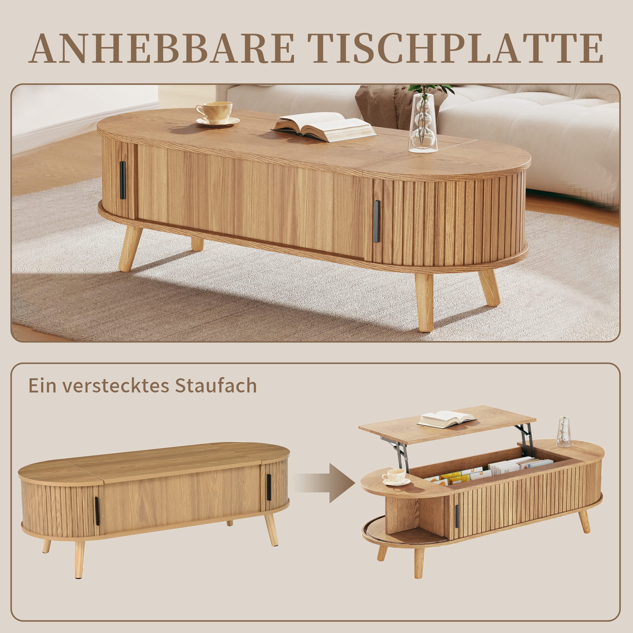 SeedWave Couchtisch Ovaler Sofatisch mit Anhebbarer Tischplatte, Gestreifter Schiebetür, Stubentisch mit 4 Ablagefächern, 4 Holzfüßen