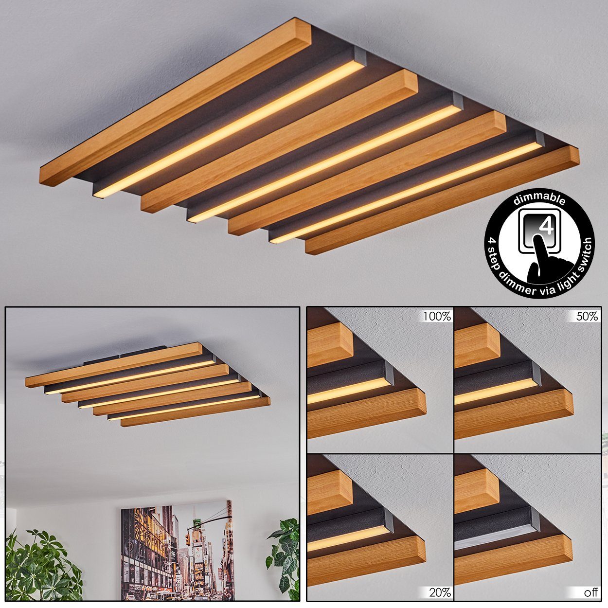 hofstein Deckenleuchte dimmbare Deckenlampe aus Metall/Holz/Kunststoff in Schwarz/Natur/Weiß, LED wechselbar, 3000 Kelvin, 22 Watt, 2450 Lumen, Länge 46 cm, dimmbar über Lichtschalter