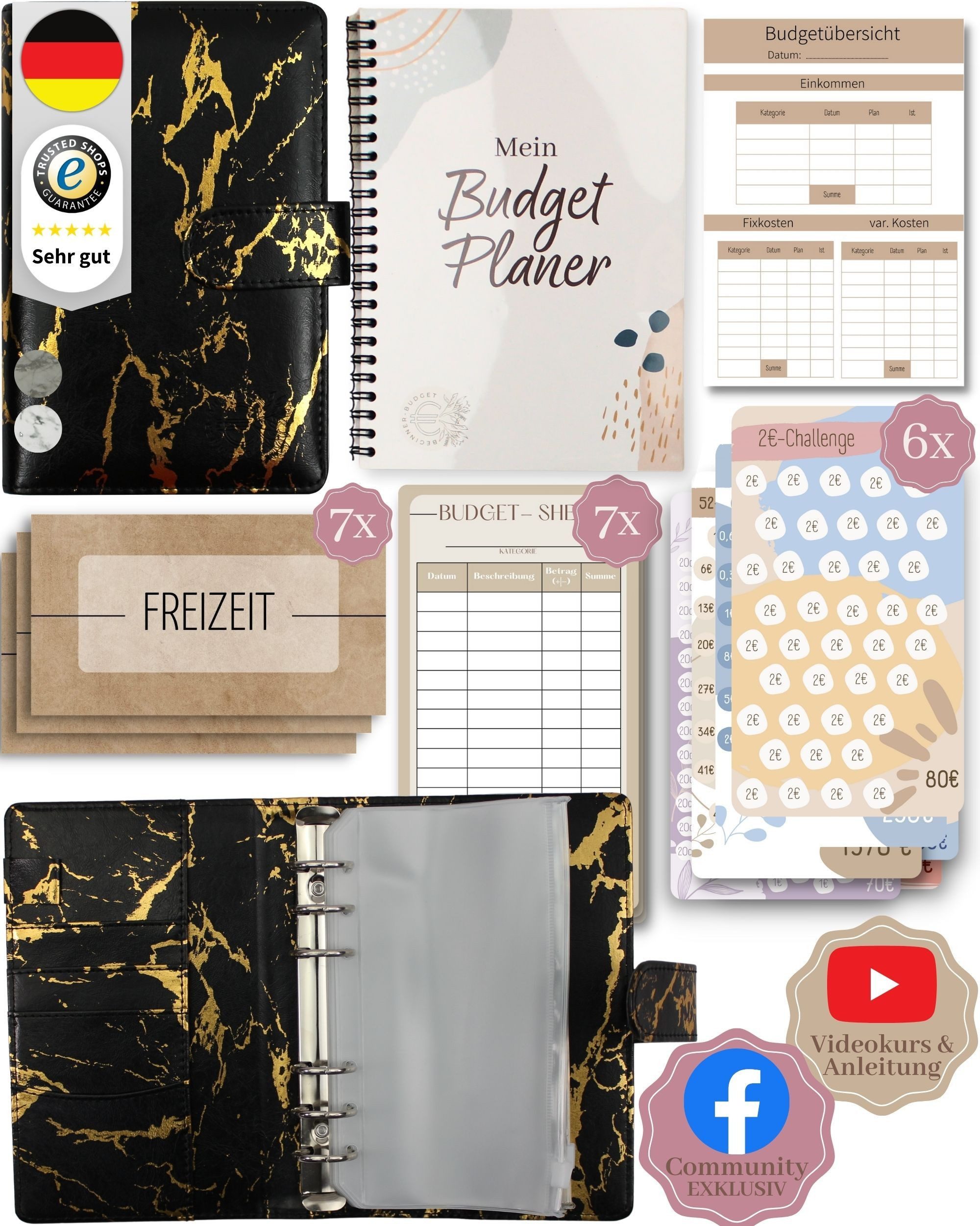 BeginnerBudget Ringbuchkalender Budget Planner & Haushaltsbuch Starter-Set: Sparbuch & Spar-Challenges, Sparen mit Umschlagmethode + Anleitung - Ringbuch - Binder A6