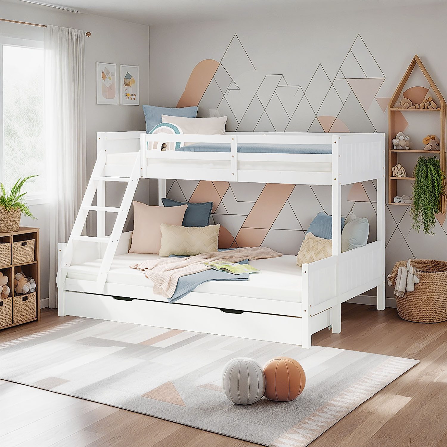 Homestyle4u Etagenbett 90x200 und 140x200 Kinderbett Holz 2 Kinder Massiv mit Rausfallschutz (Set, Bettkasten/Schublade), Weiß, mit 2x Lattenrost