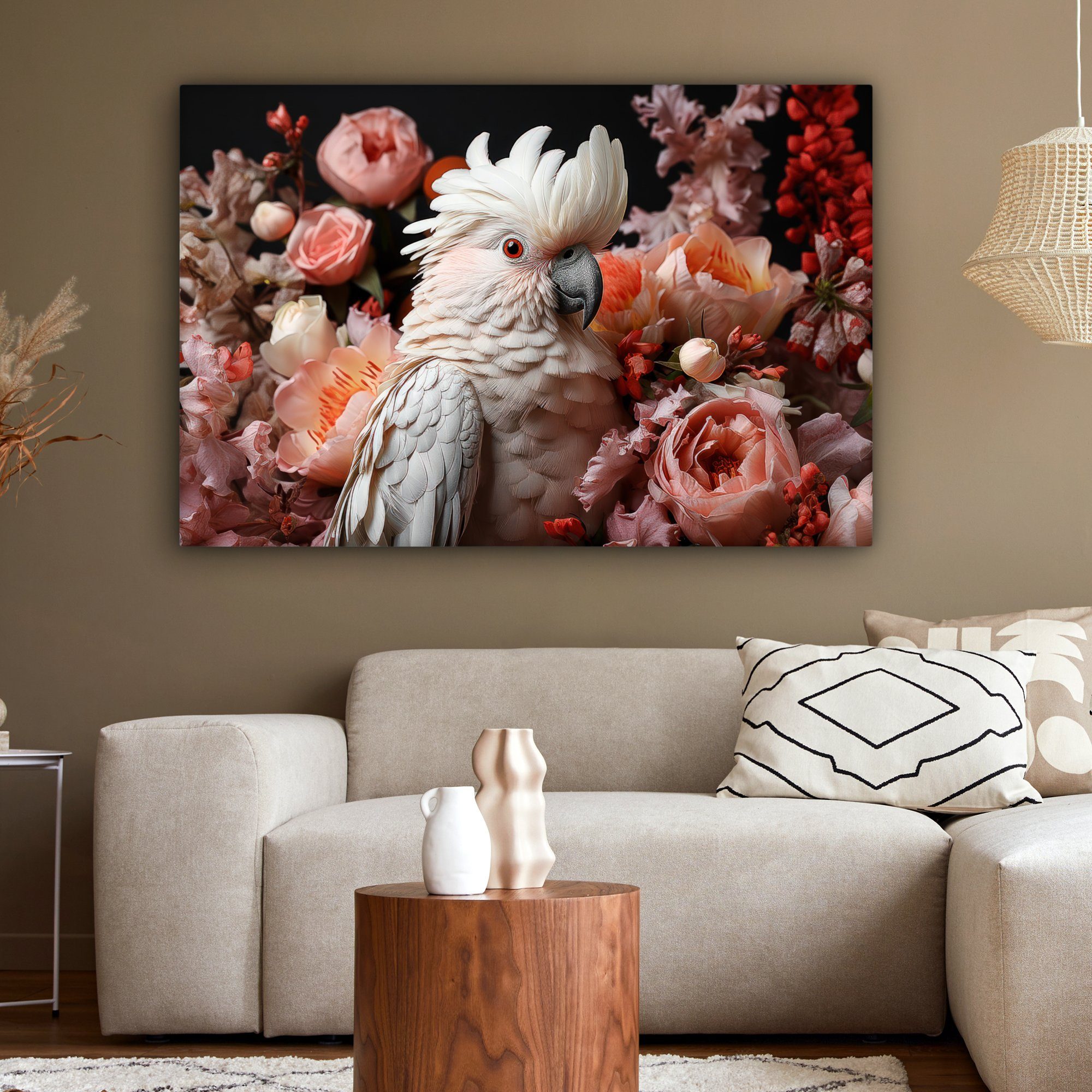 Blumen großes, Botanisch Wandbild cm OneMillionCanvasses® Kakadu - Leinwandbild Natur (1 Rosa, St), - - alle XXL, 120x80 - für Tier - Wohnbereiche, Gemälde,