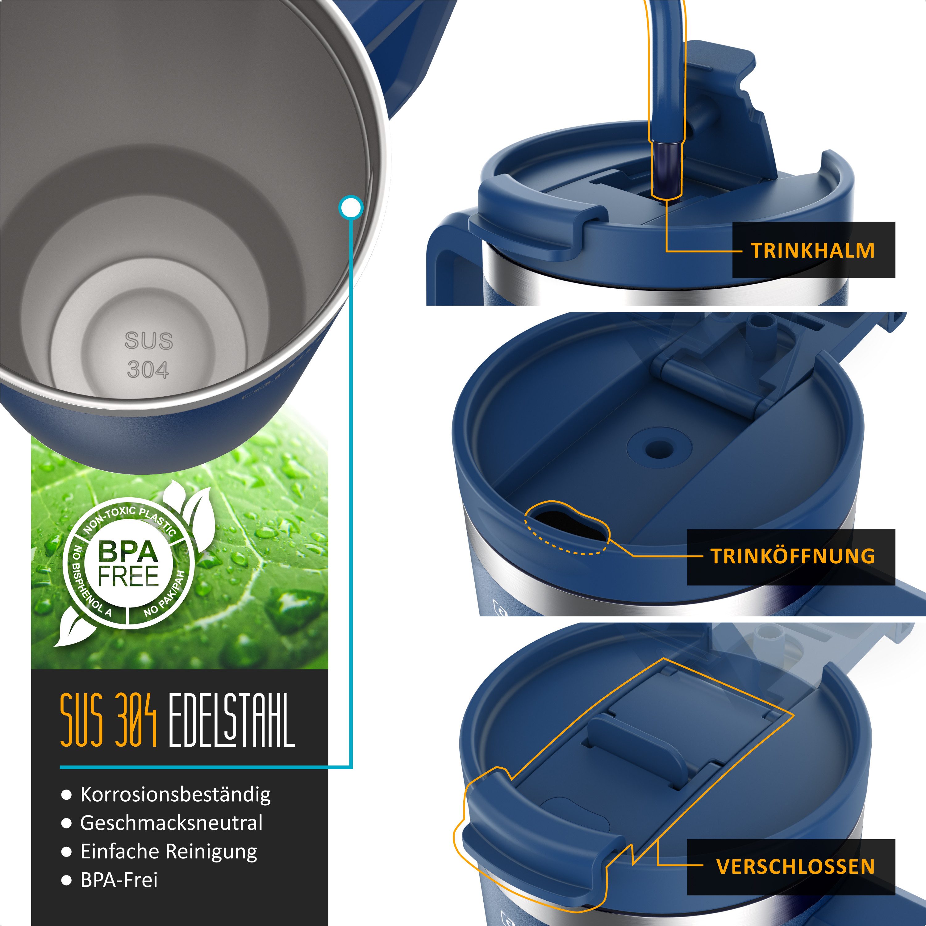 Arendo Thermobecher Tumbler 1200 ml, Becher mit Deckel, Henkel und Strohhalm, Thermal Mug, 1-tlg., Edelstahl, kohlensäuregeeignet, auslaufsicher, doppelwandig,  – Bild 3 von 5