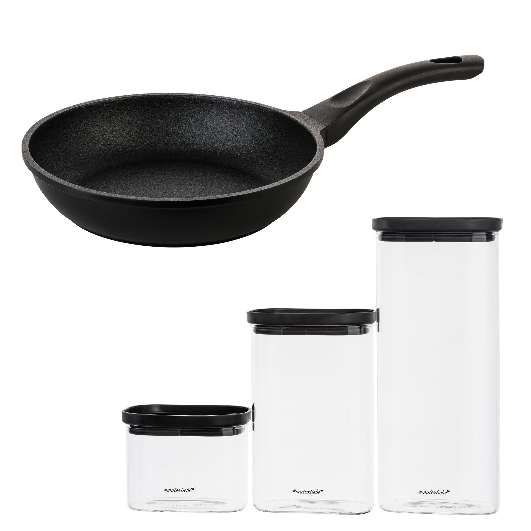 Mulex Bratpfanne TOMALIN Premium 26 cm inklusive LIDKÖPING Meal Cubes Schwarz aus Glas, Pfanne Aluguss (Premium Qualität, 7-tlg., Tomalinbeschichtung // Meal Cube aus Glas), Induktionsgeeignet