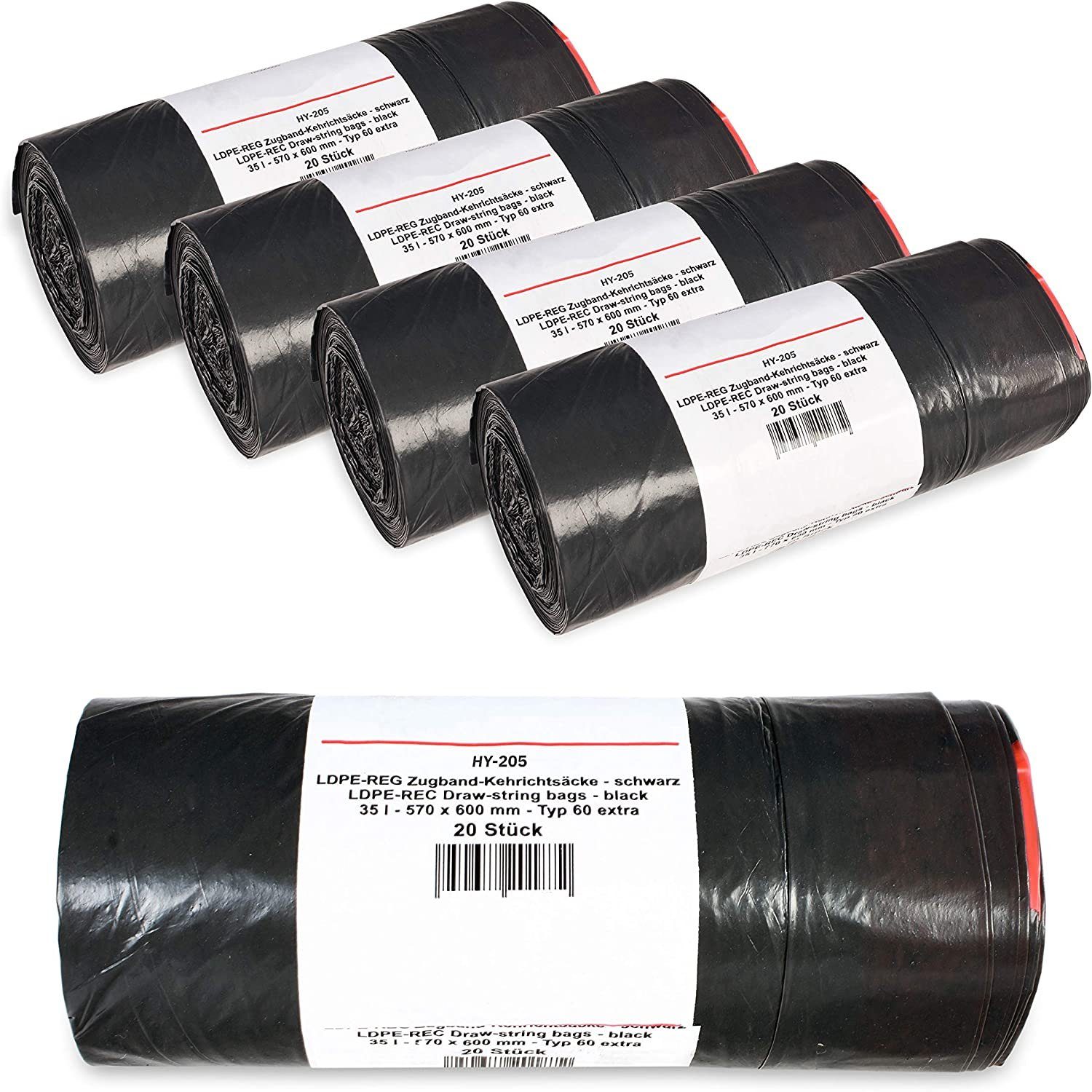 Hypafol Müllbeutel Typ 60 mit Zugband, 35-60 Liter I stabil & gute Reißfestigkeit 5 Stück