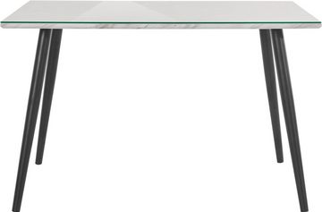 loft24 Esstisch Manny, in Marmoroptik mit Glasplatte, Metallgestell schwarz