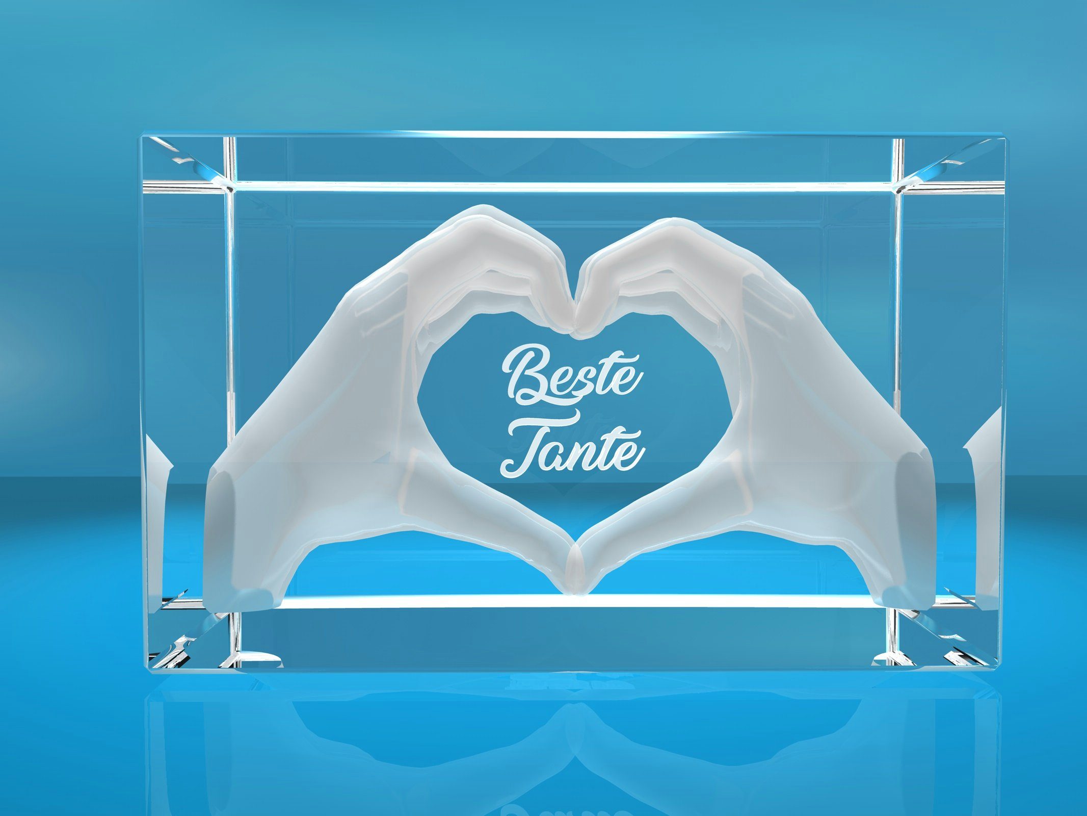 VIP-LASER Dekofigur 3D Glasquader I Herz aus Händen mit Gravur I Text: Beste Tante!, Hochwertige Geschenkbox, Made in Germany, Familienbetrieb