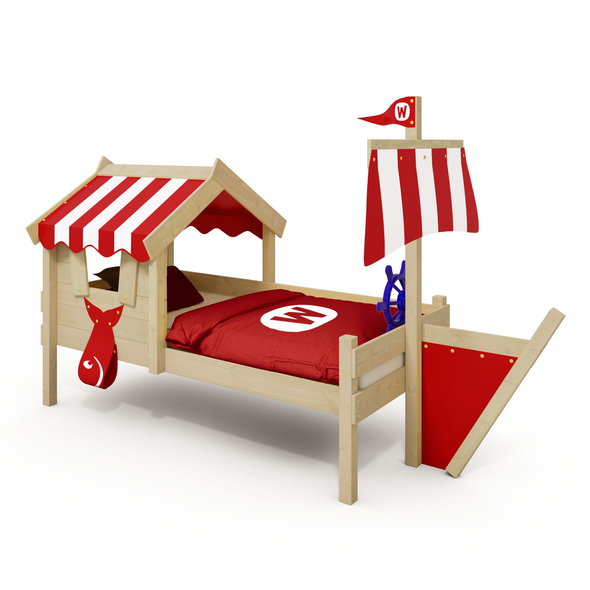 Wickey Kinderbett CrAzY Finny Abenteuerbett mit Schiffsanbau aus Massivholz (Set, Spielbett mit Schiffsthema), inklusive massiver 18 mm Lattenboden