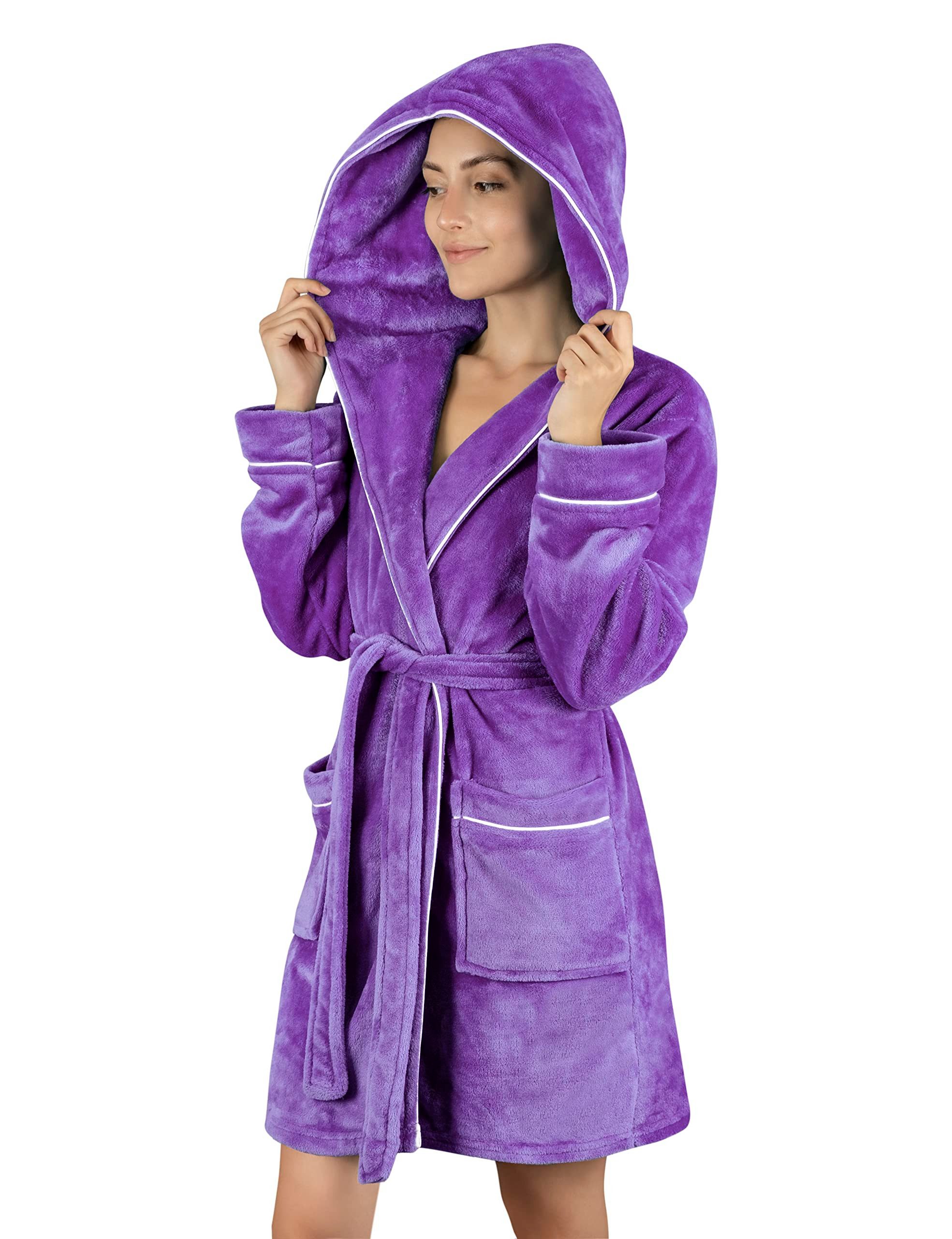Gräfenstayn Damenbademantel Bademantel Damen flauschig Kapuze Kuschelfleece leicht kurz, warm & kuschelig, Knielang, Fronttaschen, Gürtel, S-XXL