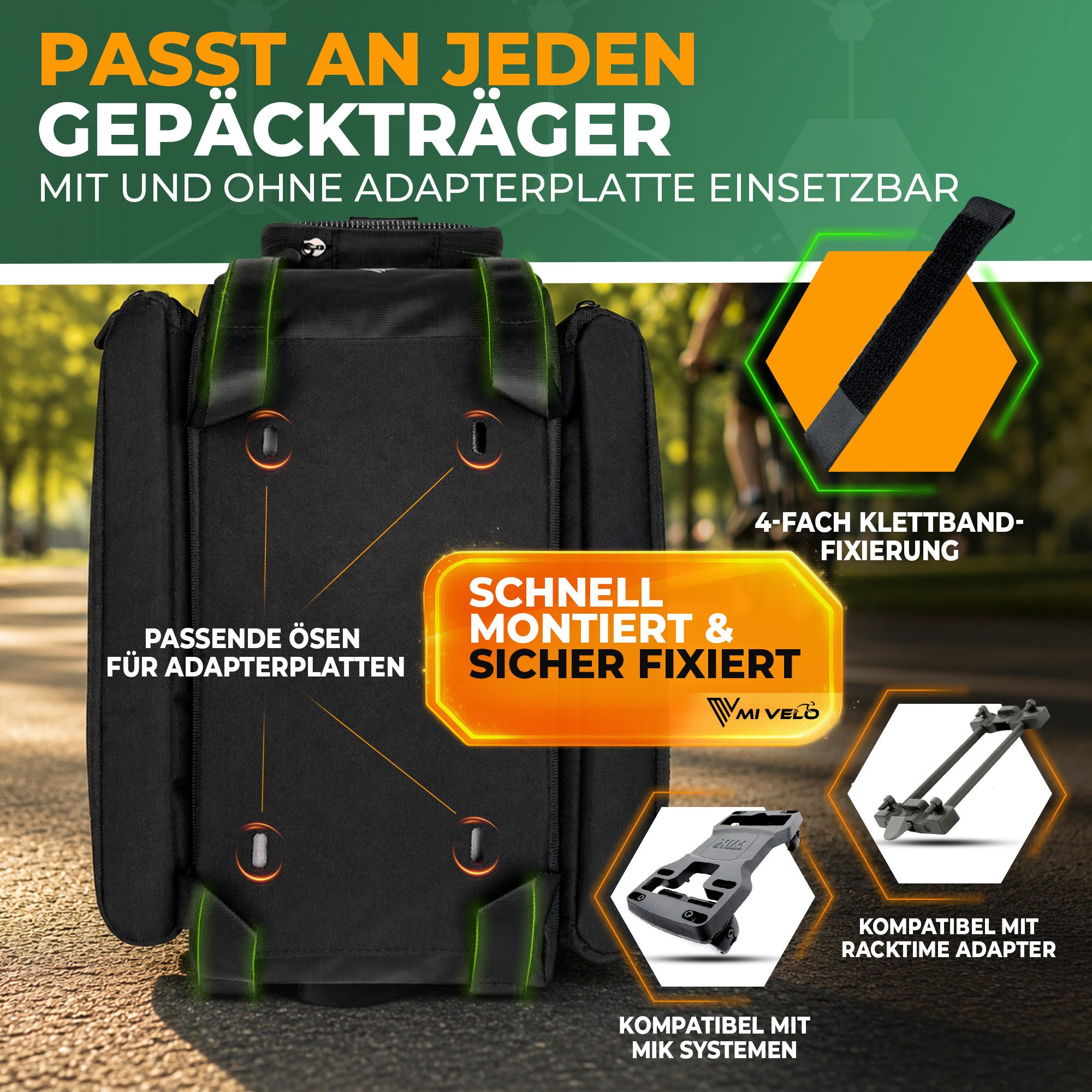 MIVELO Gepäckträgertasche für Fahrrad & E-Bike, wasserabweisend, erweiterbar 17–25 L, 13 Fächer, inkl. Regenüberzug und reflektierenden Elementen