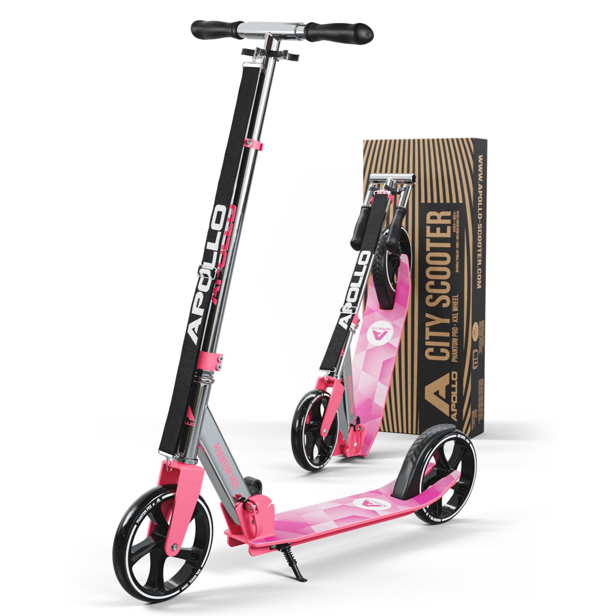 Apollo Cityroller City Scooter - Phantom Pro - Klappbarer City Roller für Kinder, Höhenverstellbar - Tretroller für Erwachsene - Roller Pink/Silber