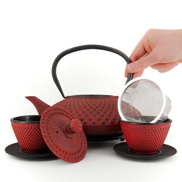 teayumi Teekanne CHIYO Tetsubin Komplett-Set Gusseisenkanne 1200 ml Rot, 1.2 l, (Komplett-Set, 8-teilig), mit herausnehmbaren Edelstahlsieb, mit Henkel