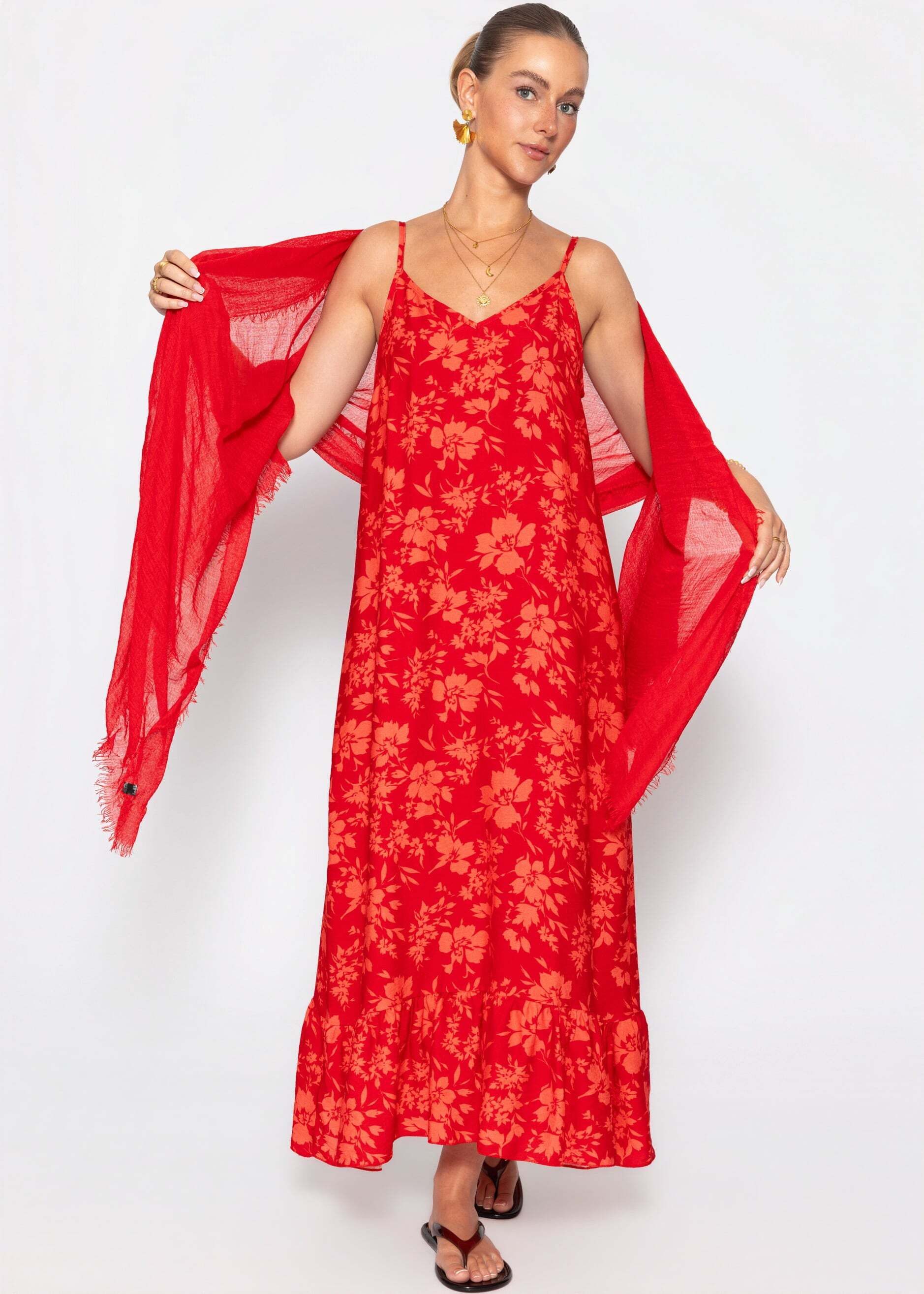 SASSYCLASSY Maxikleid Maxikleid mit Blumenmuster für Damen Luftiges Trägerkleid mit Volantabschluss und V-Ausschnitt