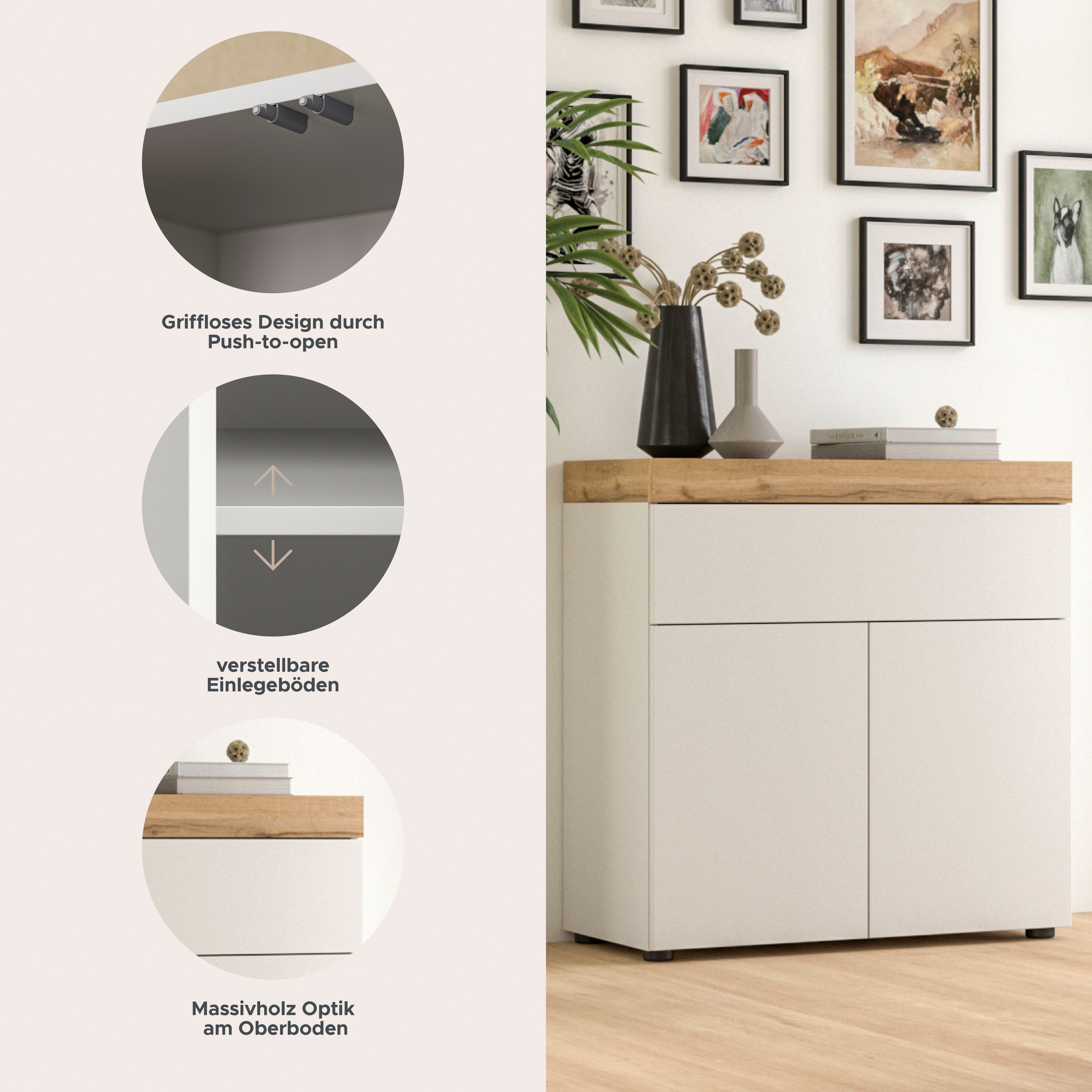 OTTO home Kommode MAMBO, TOPSELLER!, Breite 77cm, 2 Türen, 1 Schubkasten, push-2-open (1 St., 2 farbige Ausführung, in verschiedenen Farben erhältlich), Kommode, Anrichte, Wohnzimmer, Schlafzimmer