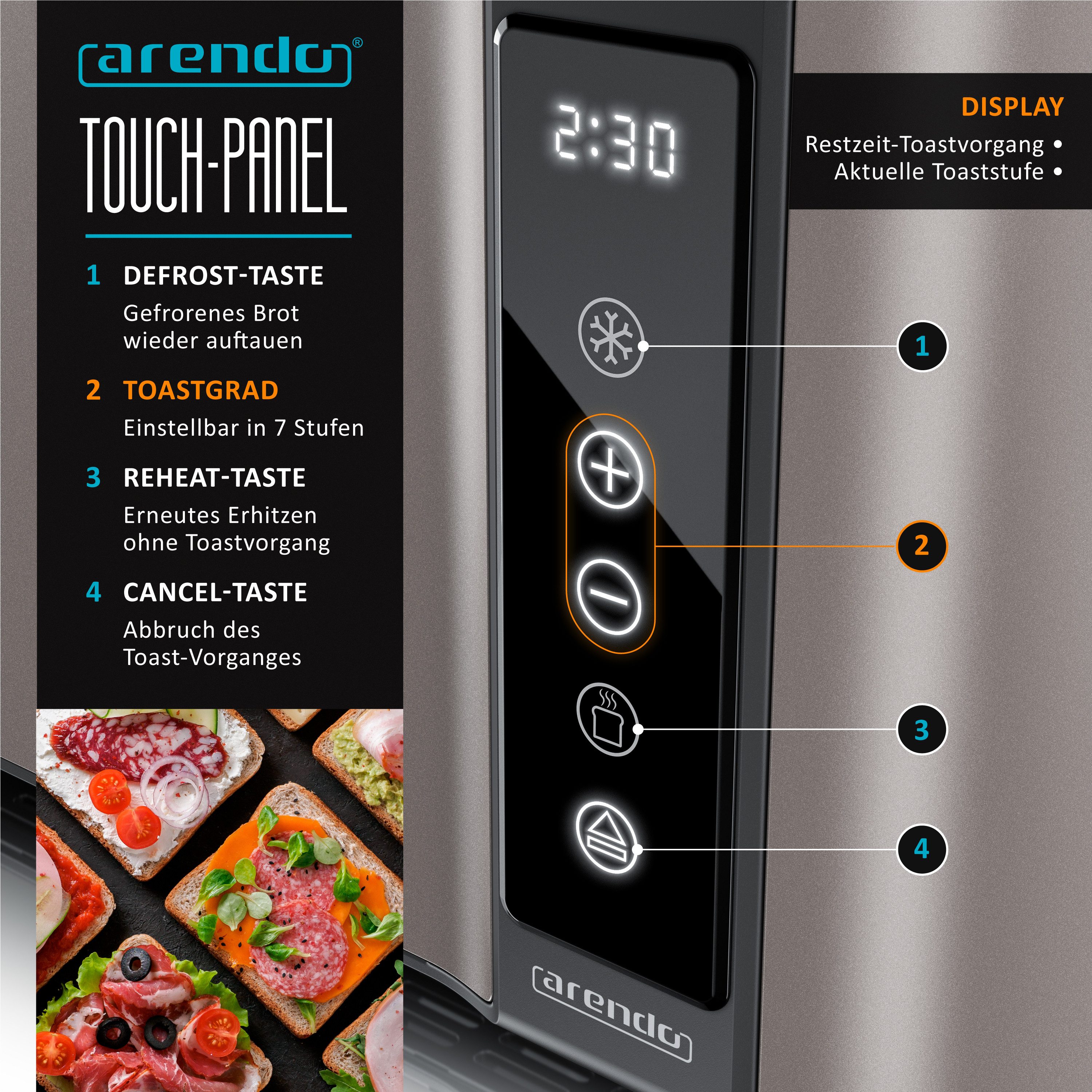 Arendo Toaster Wärmeisoliertes Doppelwandgehäuse, Display mit Restzeitanzeige, 2 lange Schlitze, für 4 Scheiben, 1500 W, Langschlitz, Touchpanel, Brötchenaufsat – Bild 4 von 5