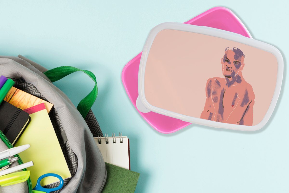 Lila Pastell Kinder, Lunchbox Kunststoff, Erwachsene, (2-tlg), Kunststoff - Mann für Kunst, - MuchoWow Brotbox Brotdose Snackbox, - Mädchen, rosa Porträt -