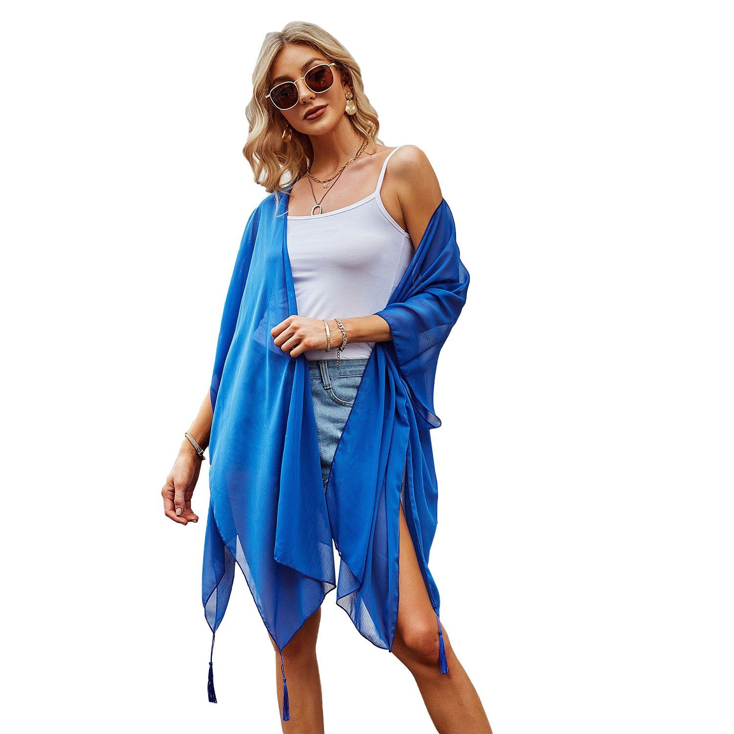 MAGICSHE Strandkleid Fransen Cover-Ups Sonnenschutzkittel Blau