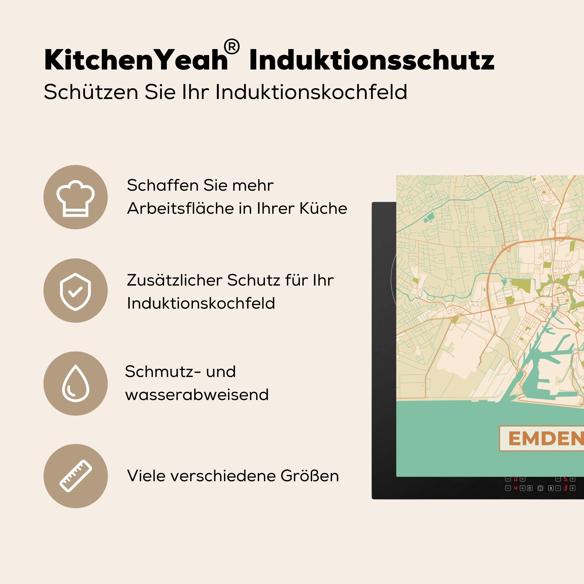 MuchoWow Herdblende-/Abdeckplatte Karte - Karte tlg), Emden Arbeitsplatte Vintage, 78x78 - Stadtplan Vinyl, küche - cm, Ceranfeldabdeckung, (1 für 