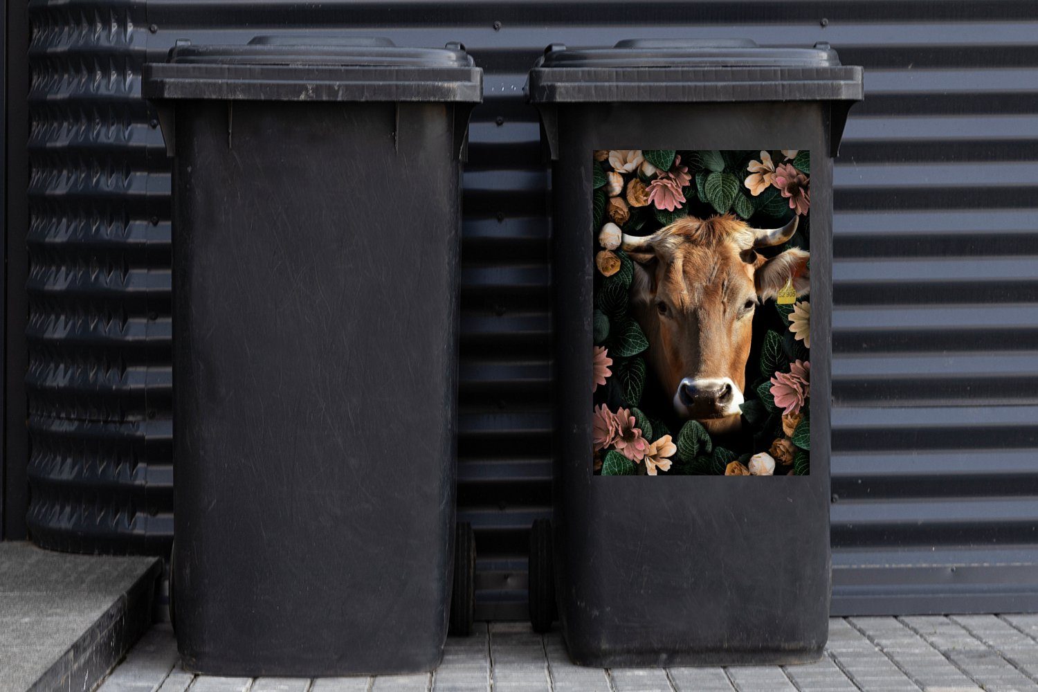 Mülleimer-aufkleber, Container, St), - Mülltonne, Kuh Blumen MuchoWow Tiere (1 Abfalbehälter - Sticker, Wandsticker