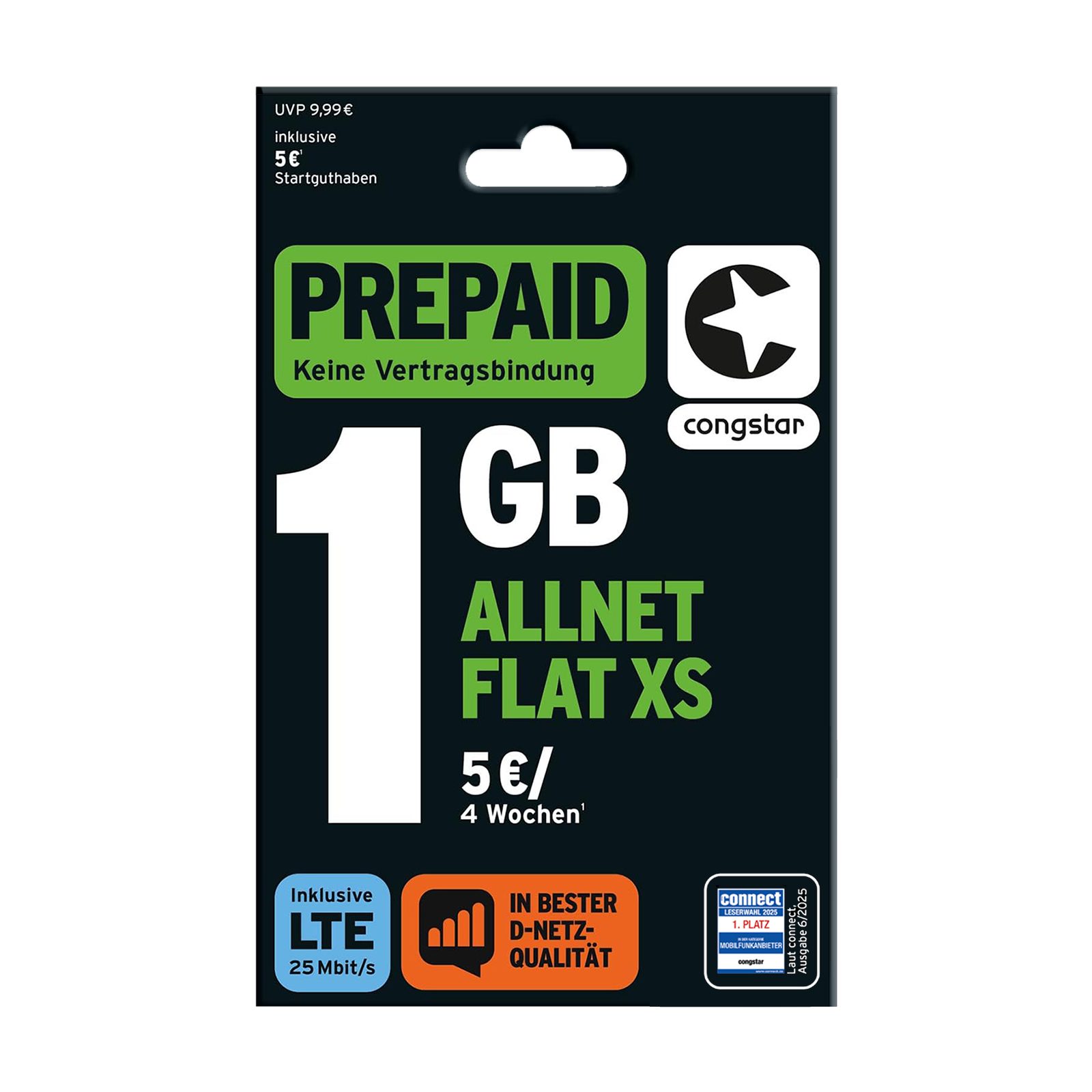 Congstar Prepaid ALLNET XS SIM-Karte ohne Vertrag 5G mit 25 Mbit/s Prepaidkarte, (Telefonie & SMS Flat, EU-Roaming inkl)